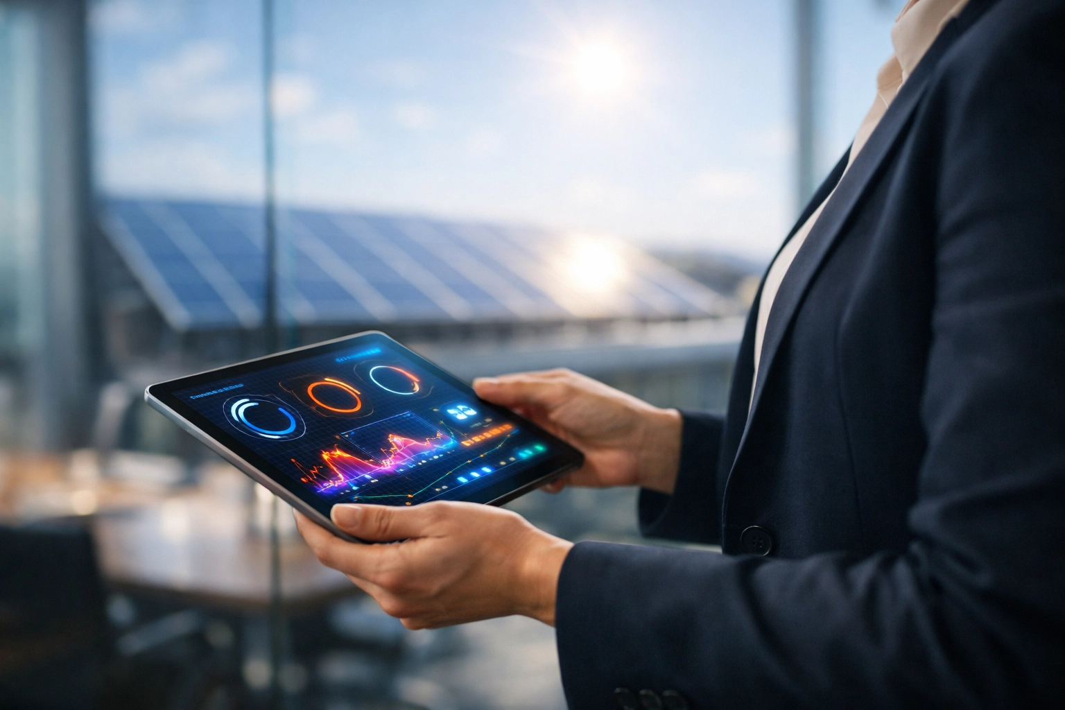Business owner monitoring real-time solar energy production and usage on a tablet dashboard.