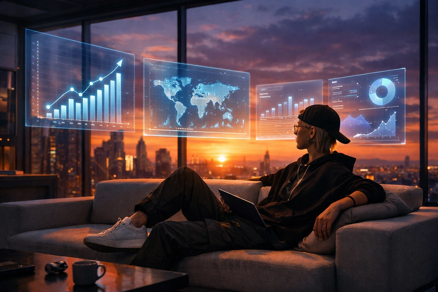 A young person managing a digital investment portfolio from a modern apartment to reach financial freedom.