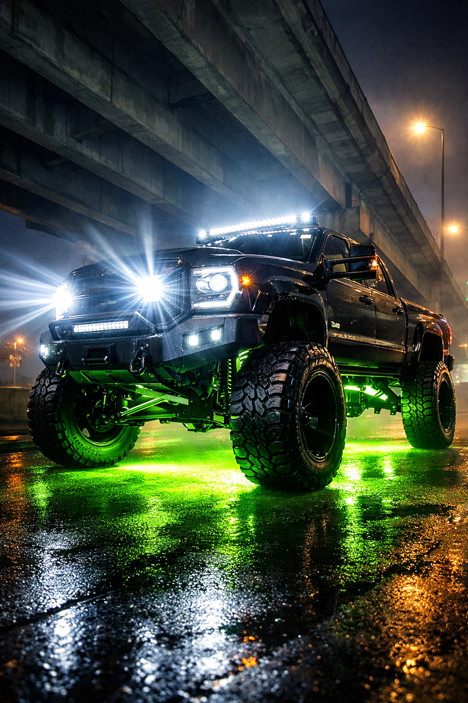 Truck lighting and custom accessories from Ultimate Sounds under a Chattanooga bridge.