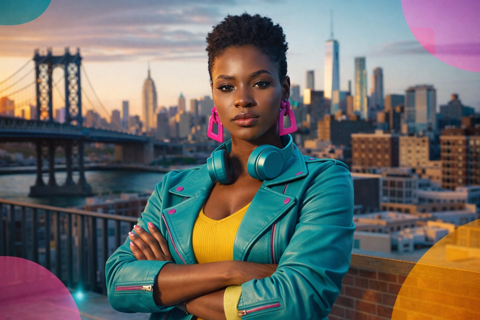 Confident woman standing strong on urban rooftop representing personal strength after trauma