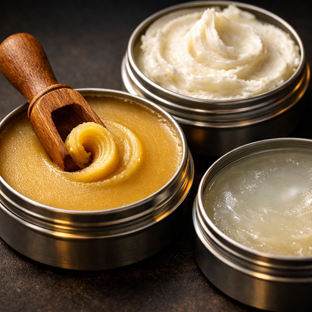 Close-up comparison of textures for beard wax, beard butter, and beard balm grooming products.