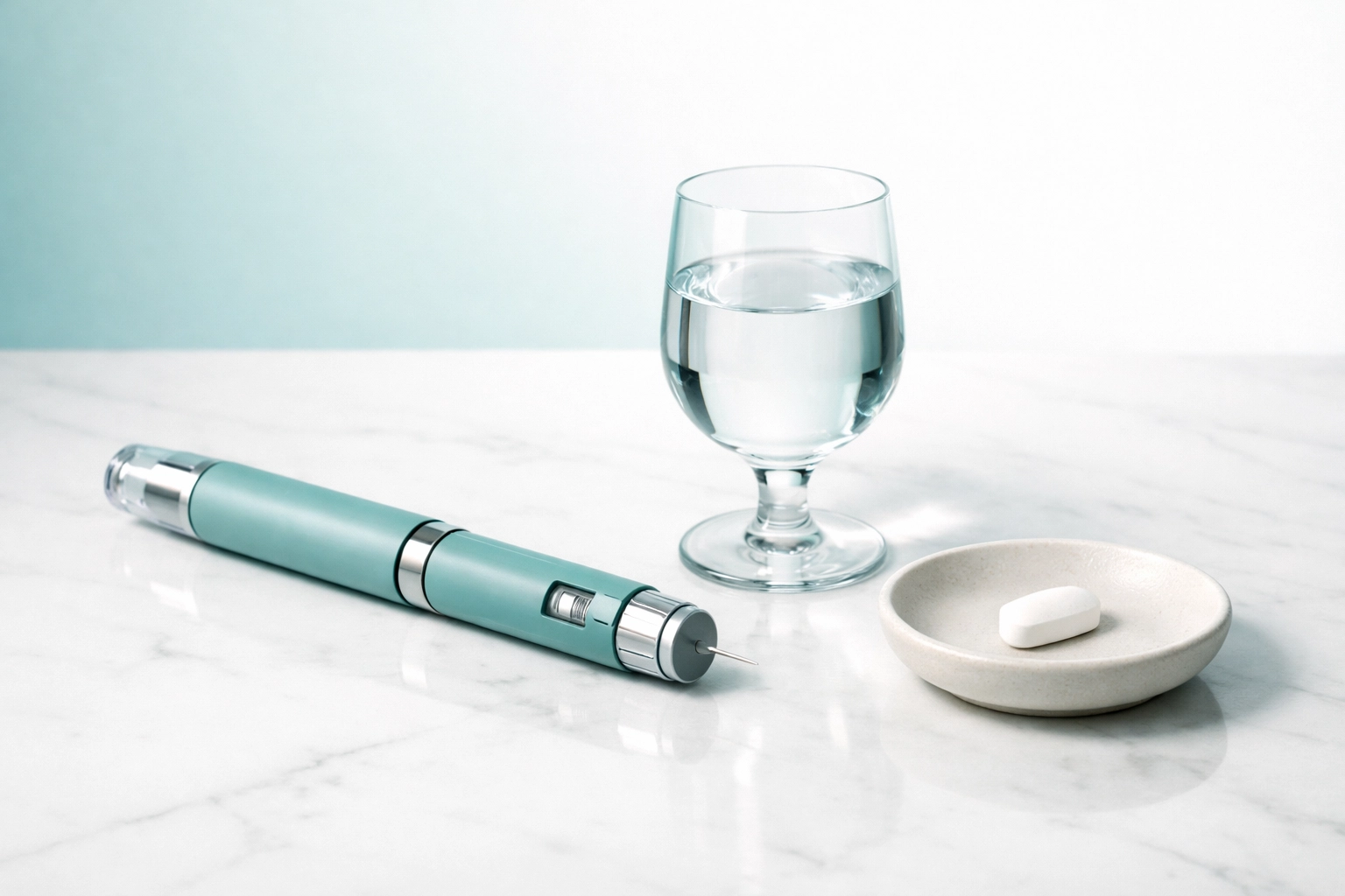 Comparison of medical weight loss options featuring a sleek injector pen and a daily oral medication tablet.