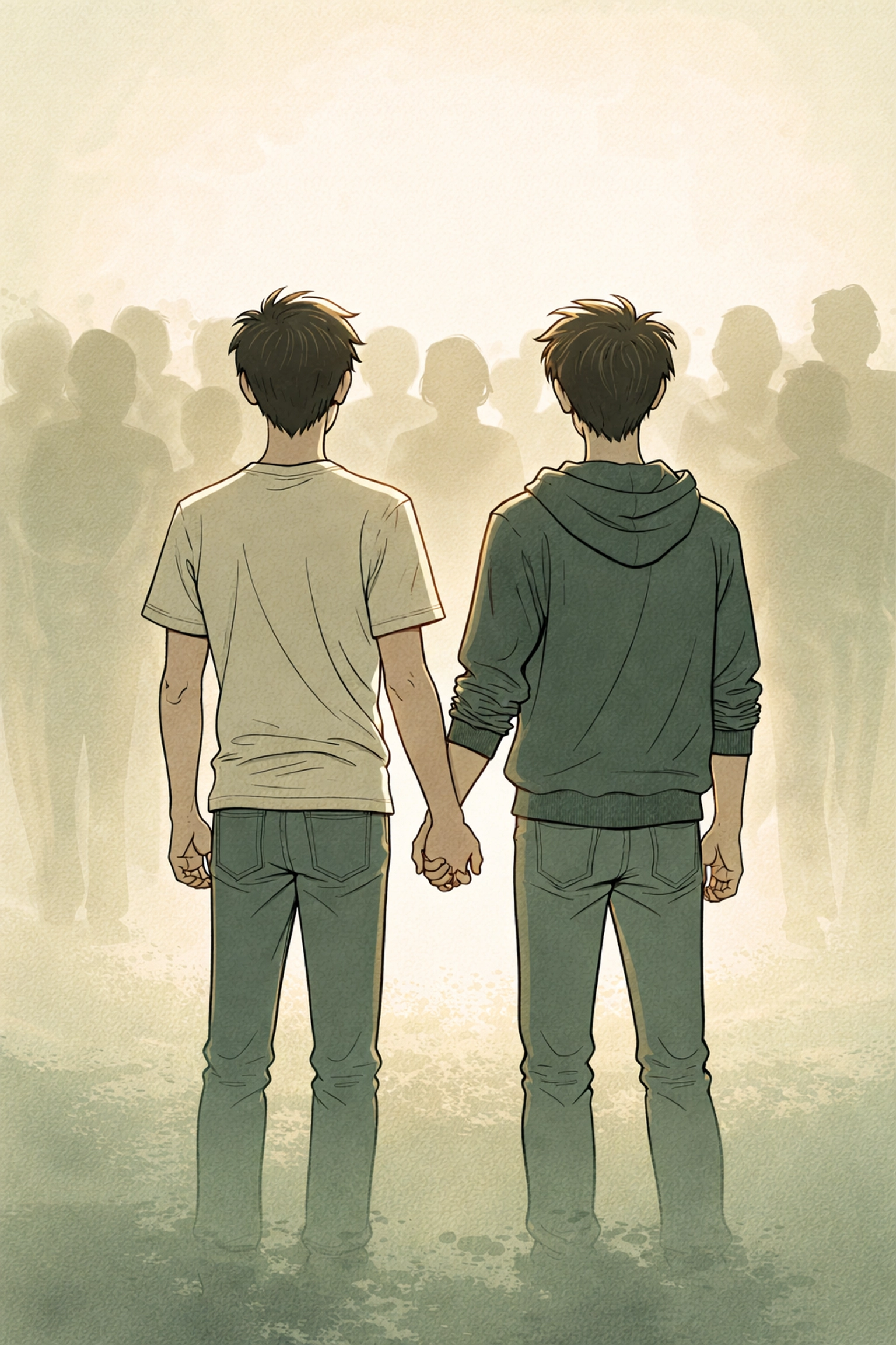 A defiant MM couple holding hands, standing firm against a judgmental small-town crowd, symbolizing courage and love.