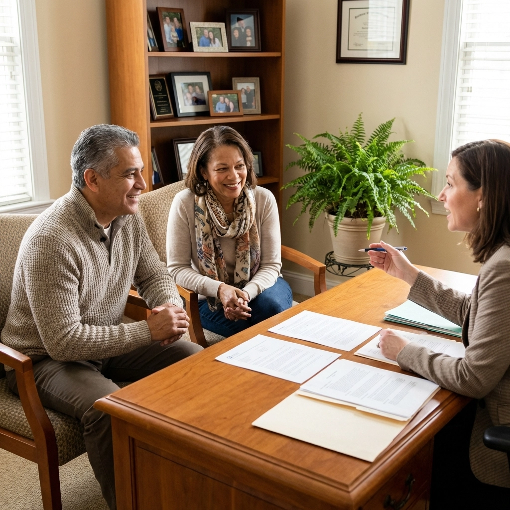 Couple meeting with an insurance broker in an office, discussing life insurance options for pre-existing conditions