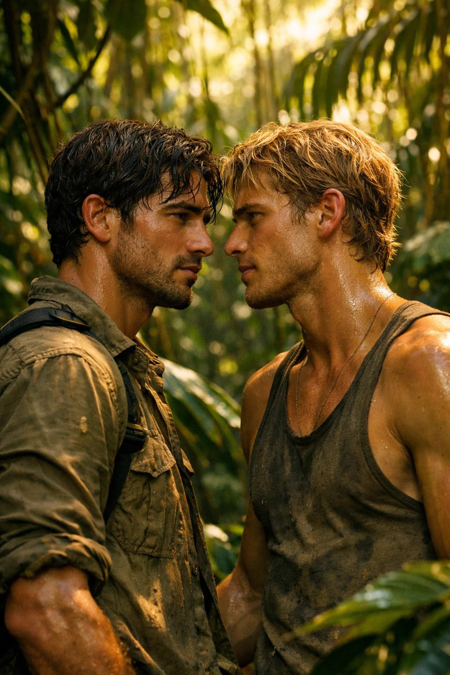 Two men share intimate moment in Amazon rainforest - MM romance adventure setting