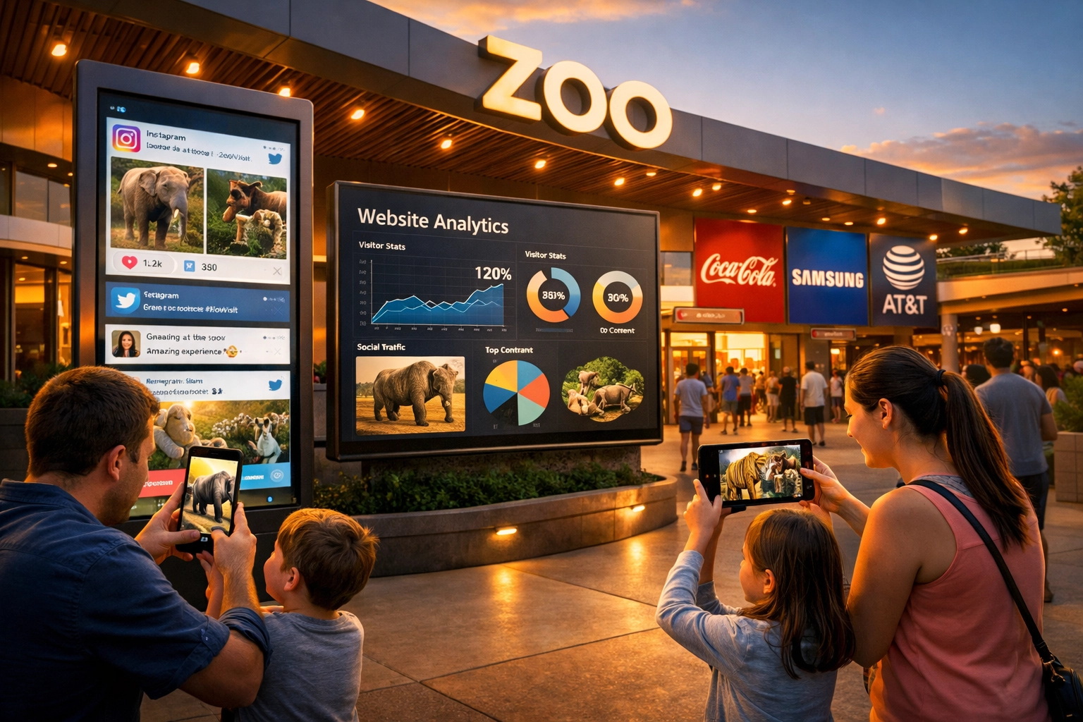 Modern zoo entrance featuring digital displays and families engaging with interactive marketing technology