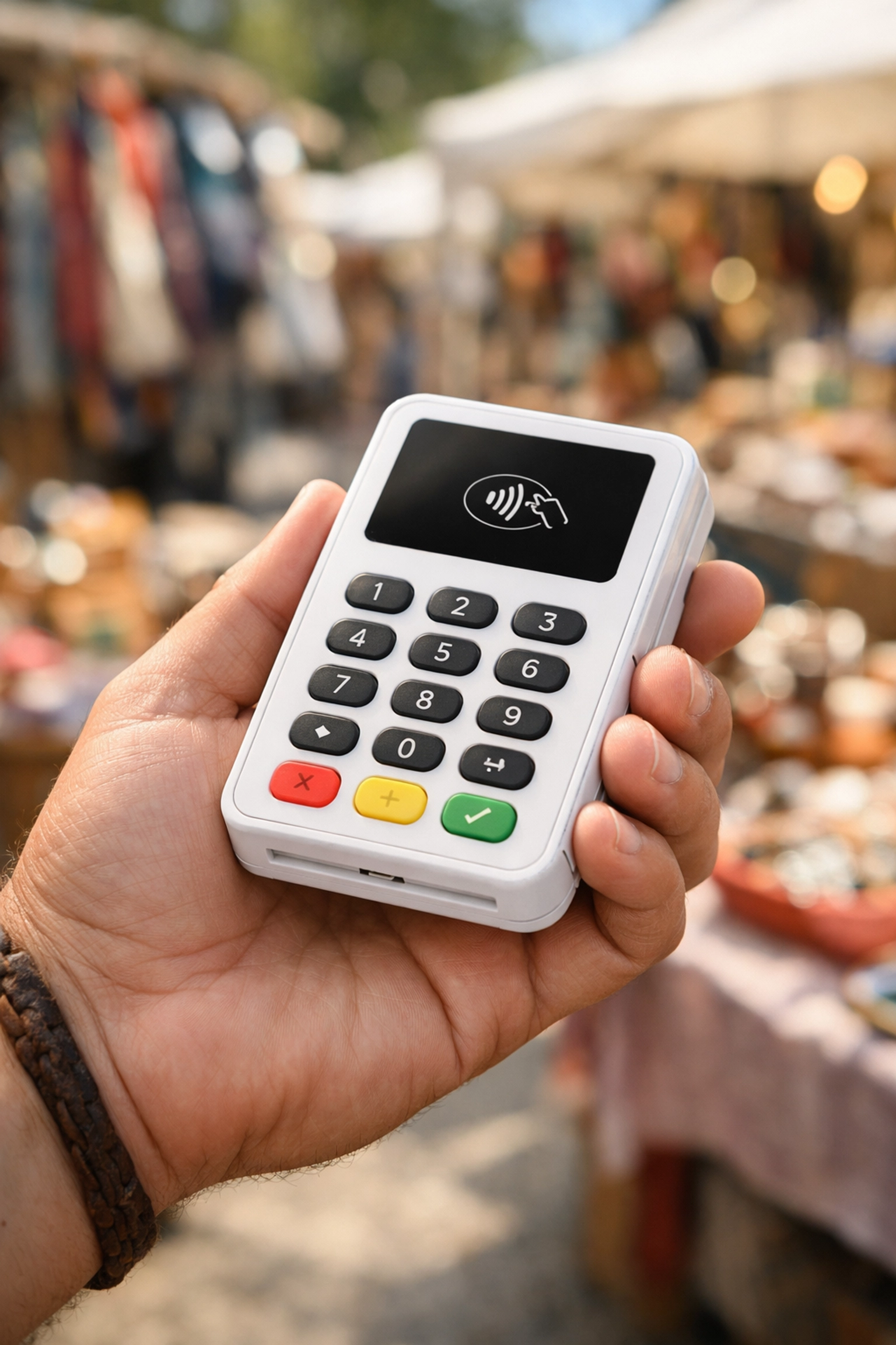 Close-up of a mobile card terminal being used at a local market, the cheapest pos system option.