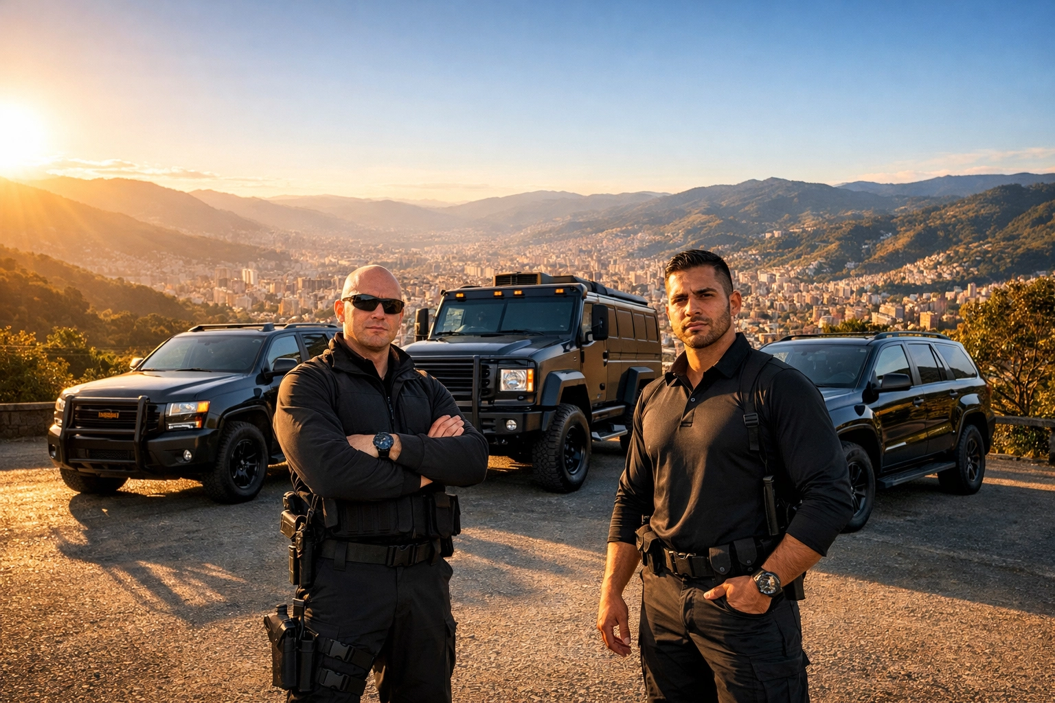 Elite 911 Medellin security team with armored vehicles providing professional protection services across the city.