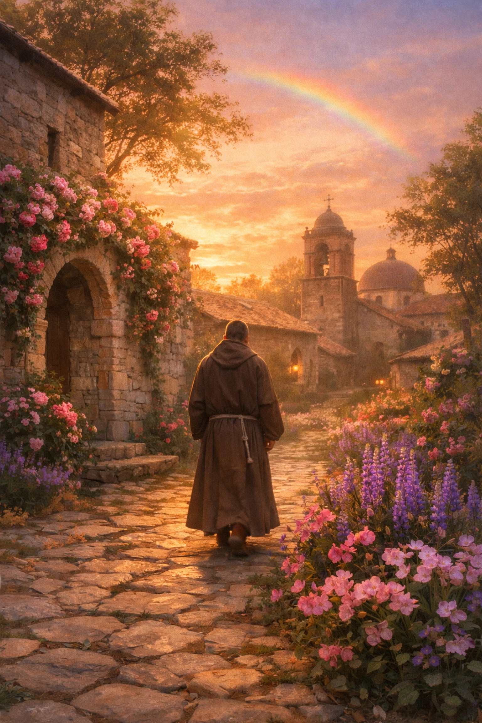 Monk walking in peaceful monastery garden where Pope Benedict IX spent his final years