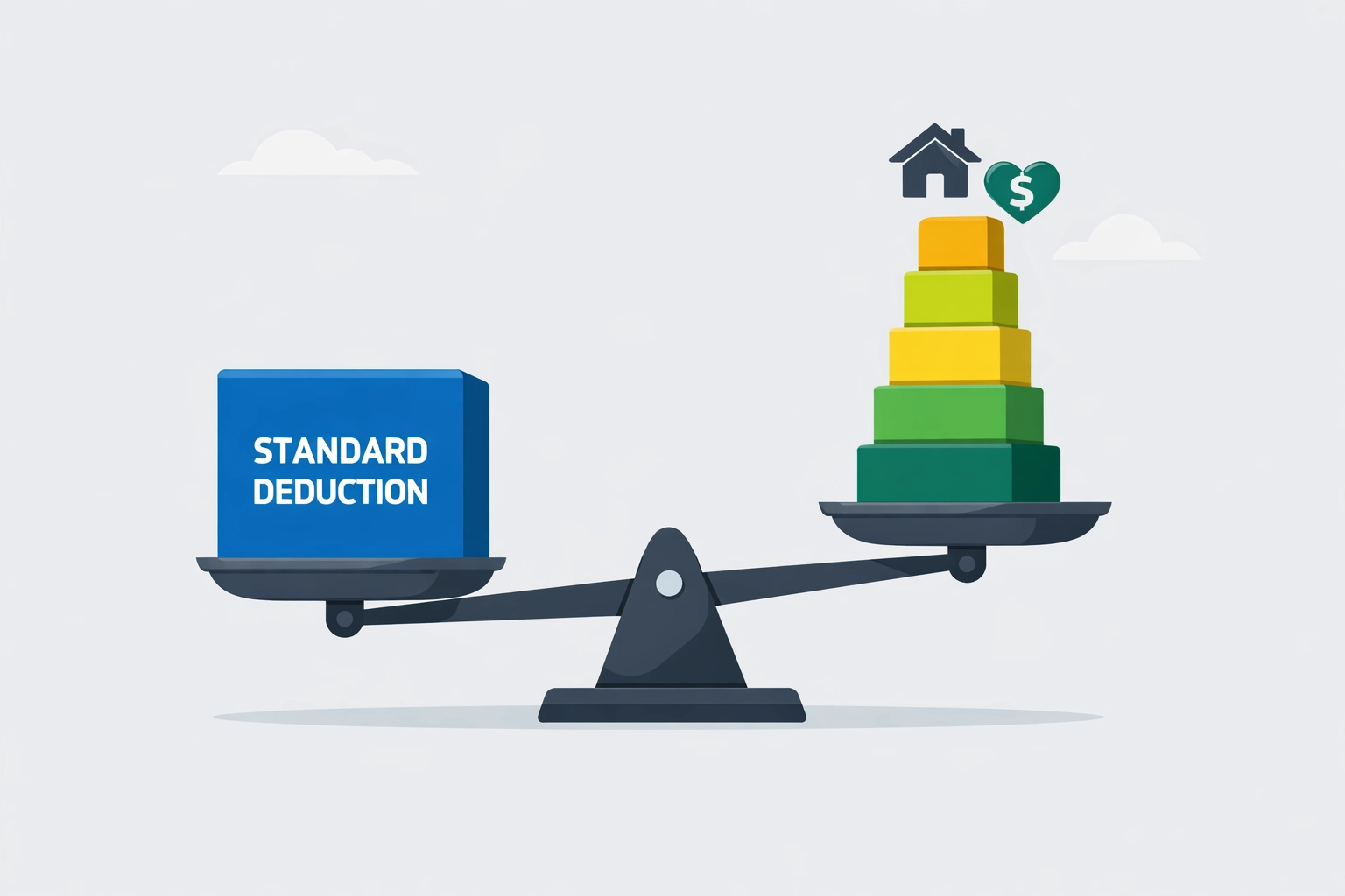 Balance scale illustration comparing standard deduction and itemized tax deductions for 2026.