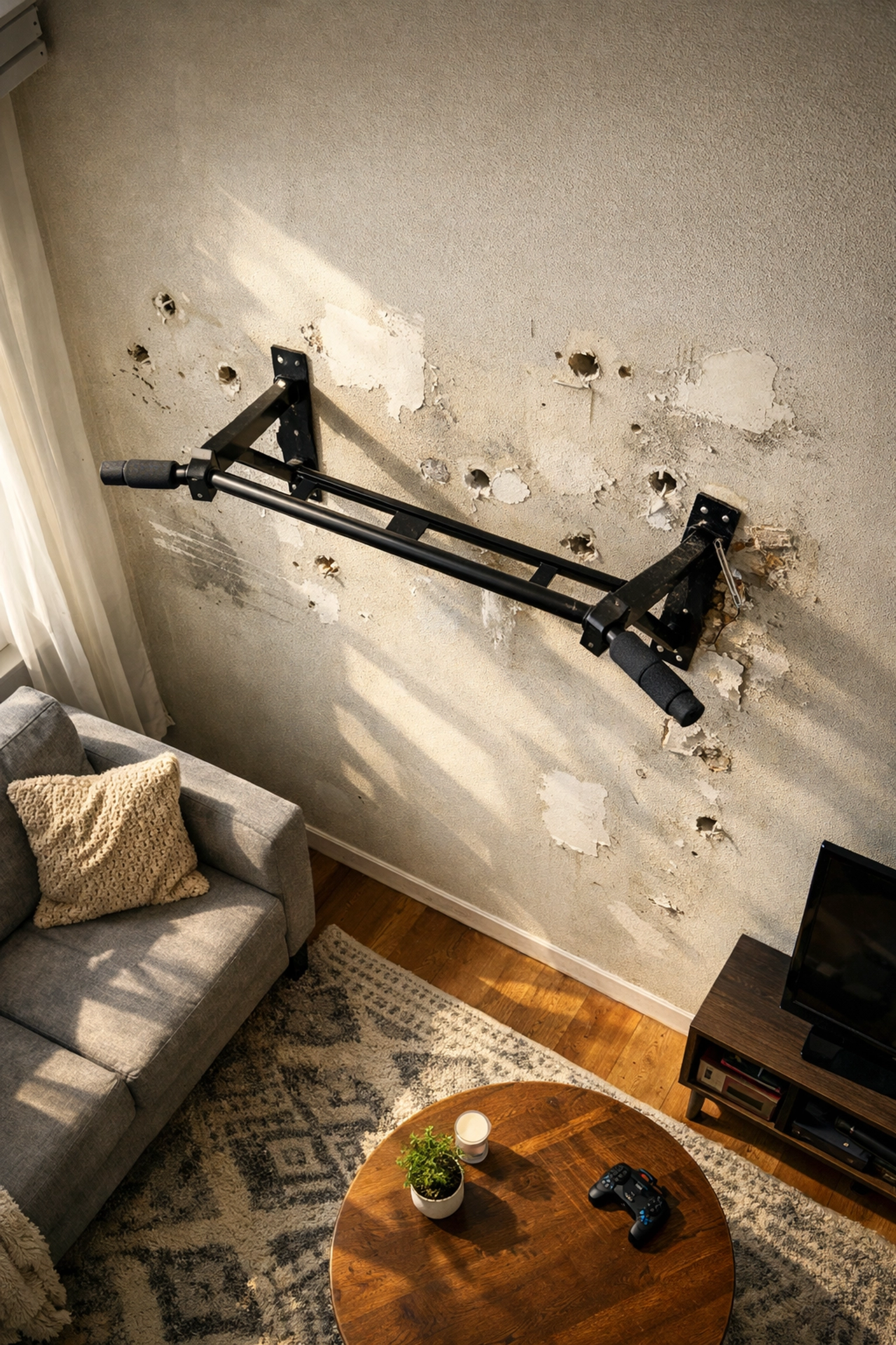 Wall damage from traditional pull-up bar installation in home gym
