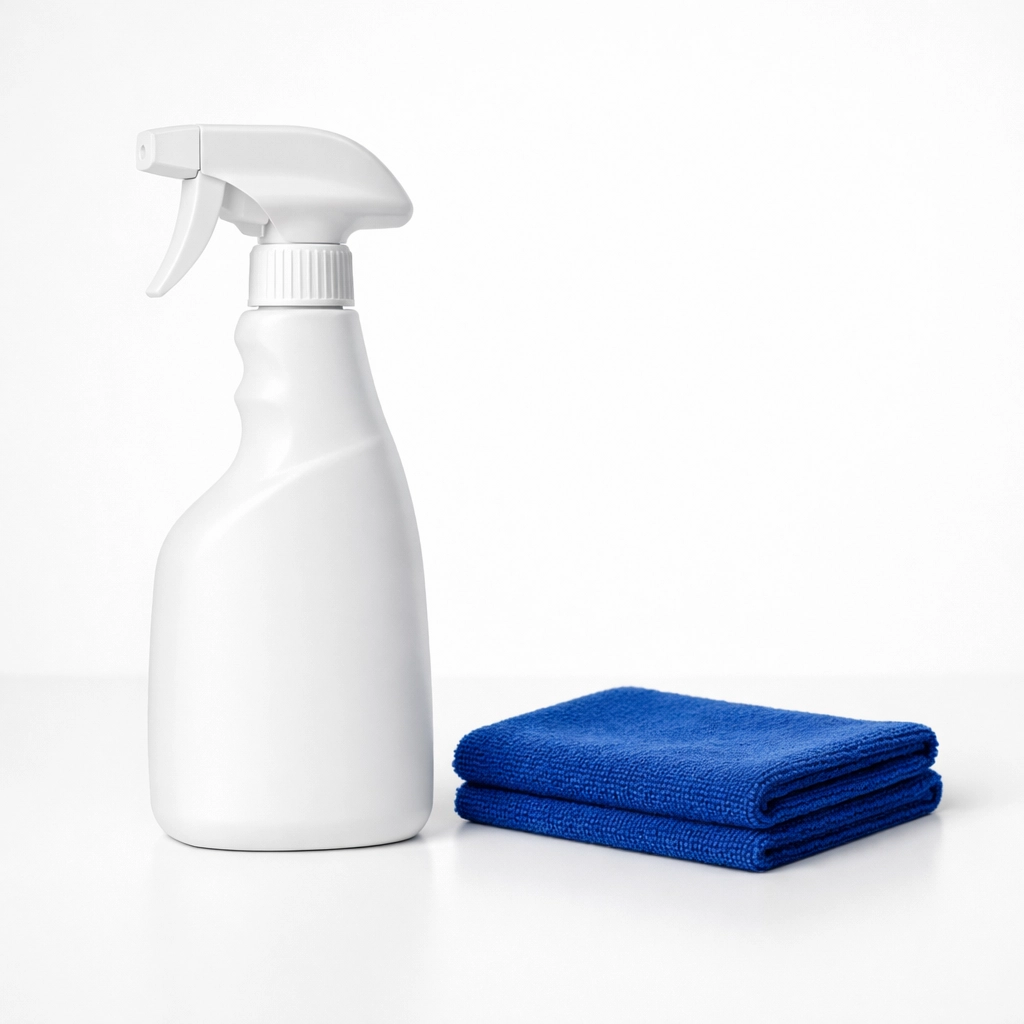 Cleaning supplies and a spray bottle used for kitchen sanitation and effective ant prevention and control.