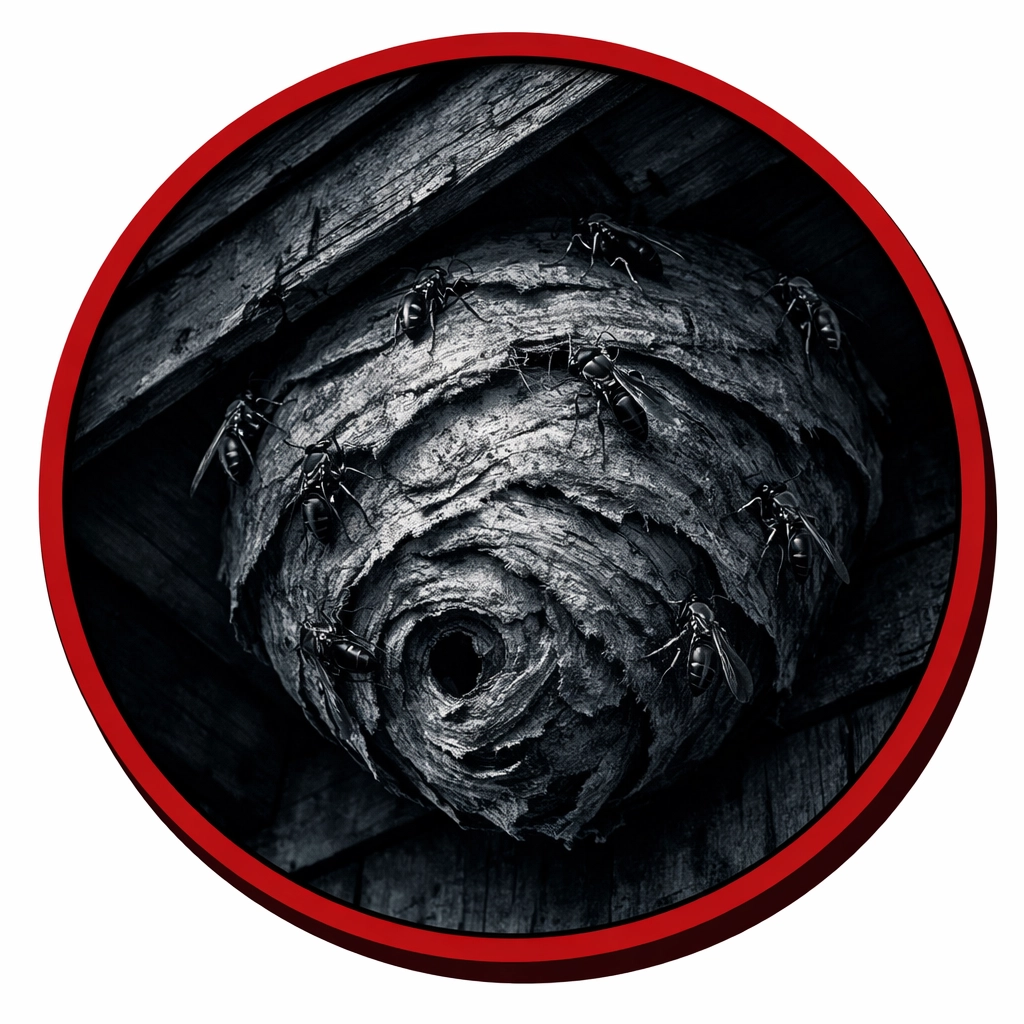 Wasp nest under roof eave in Coolidge AZ showing need for safe wasp removal