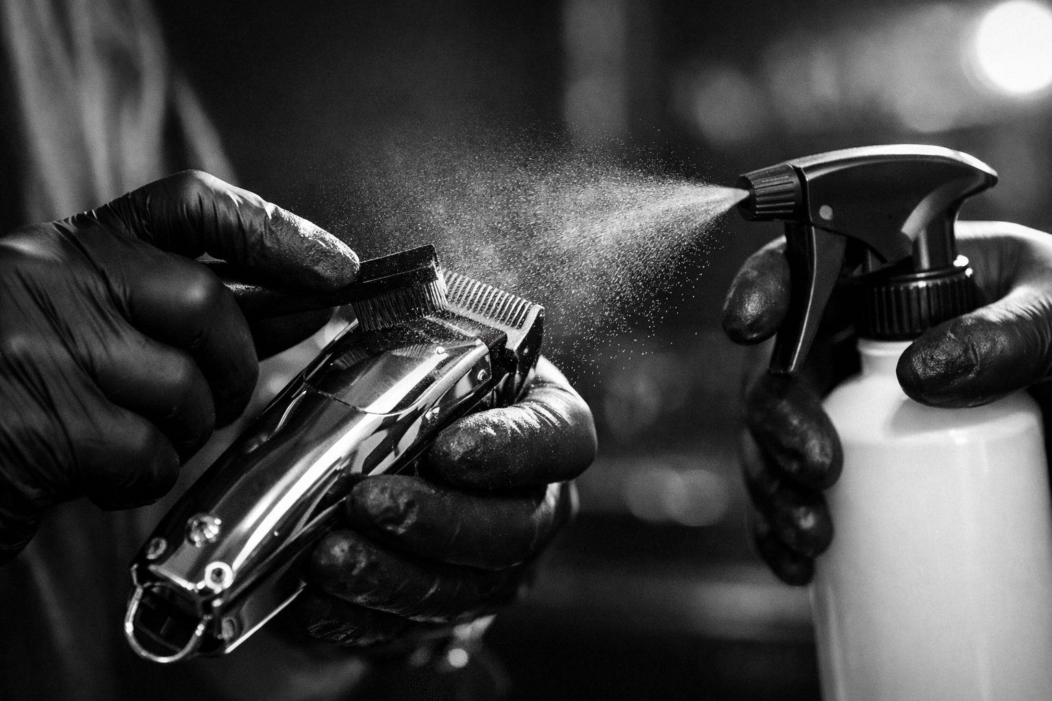 Barber sanitizing clippers with disinfectant spray for infection control and safety compliance