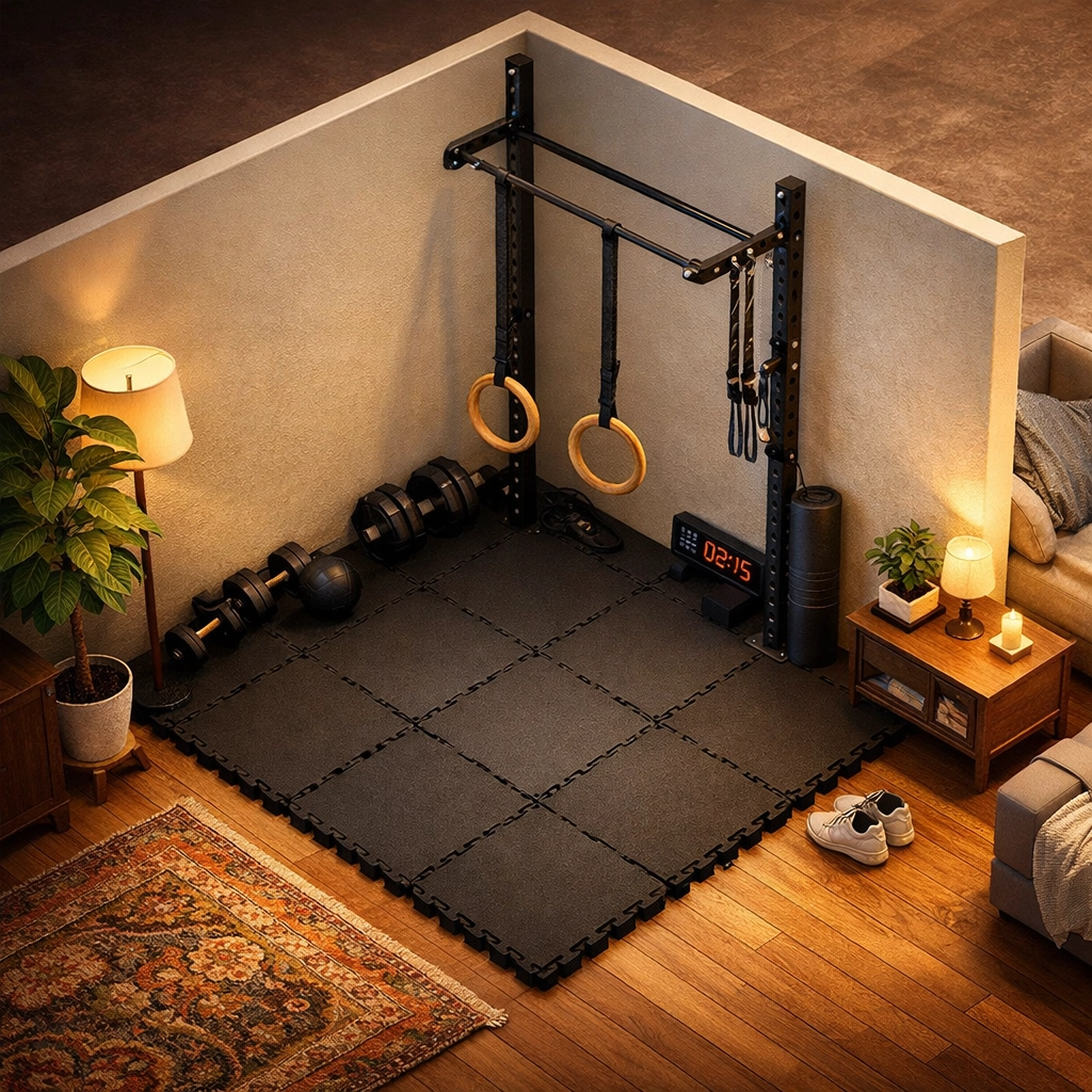 Versatile home gym layout featuring a no-damage floor-to-ceiling pull up bar and rings.