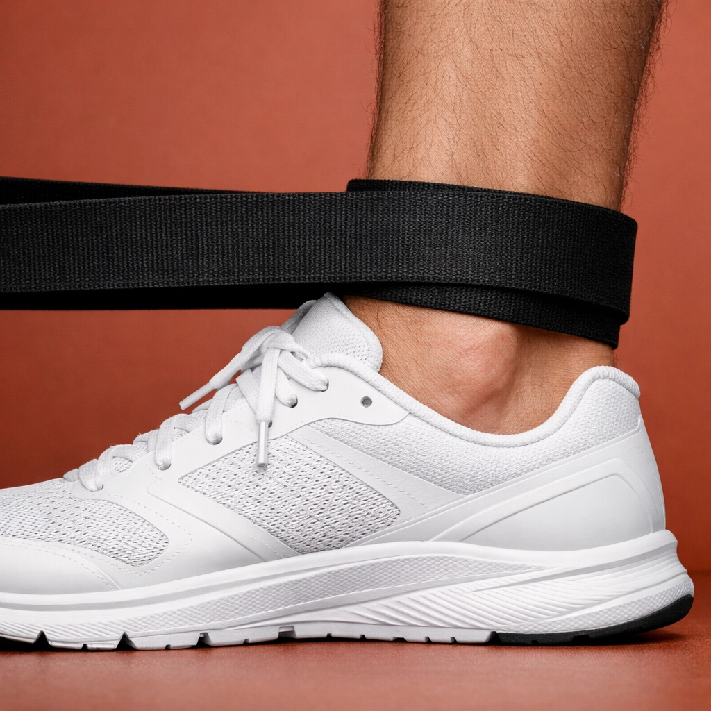 Ankle mobilization stretch using a heavy resistance band to treat stiff joints and improve flexibility.