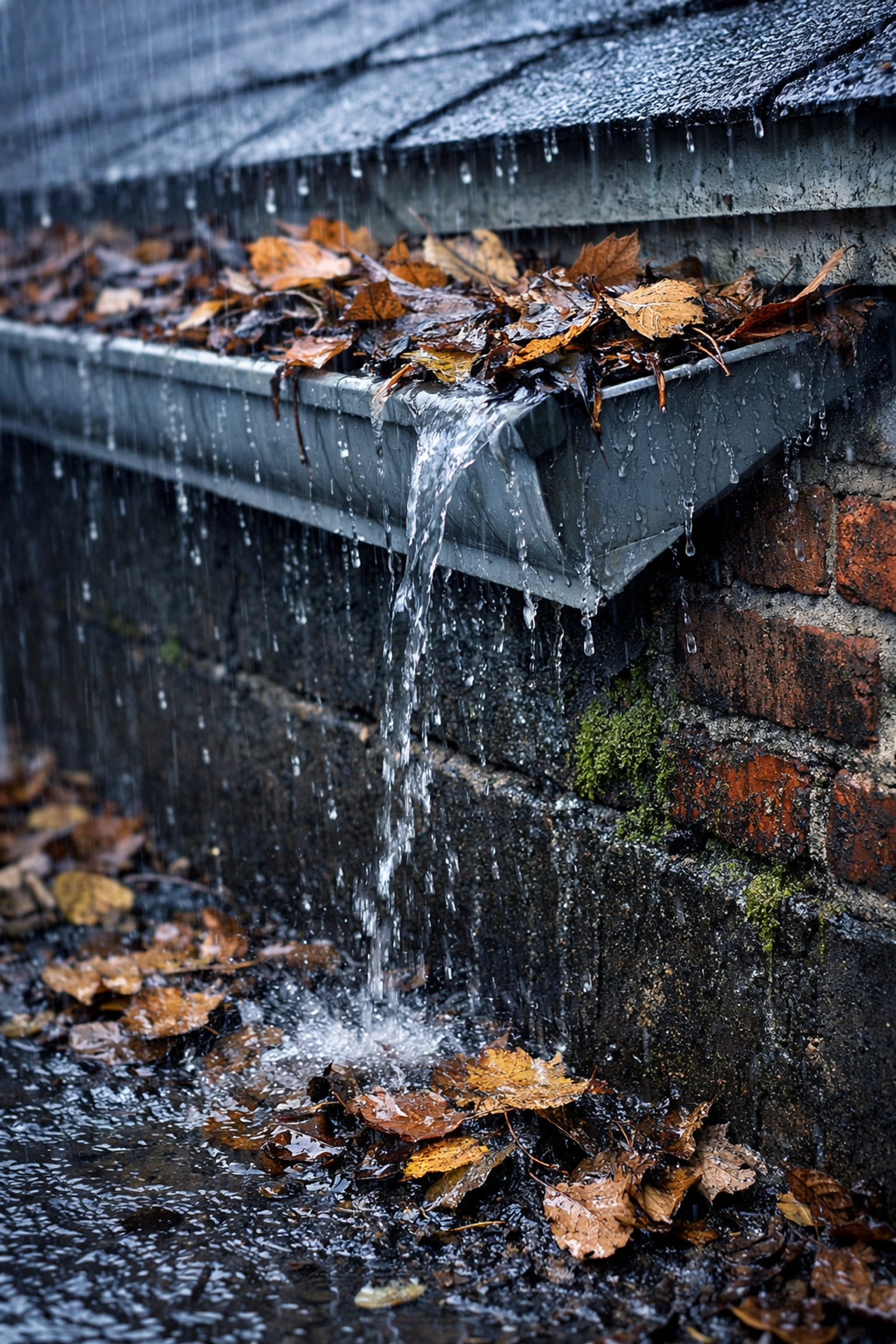 Clogged gutters saturating the soil near a foundation, a major cause of termite problems for Westchester homeowners.