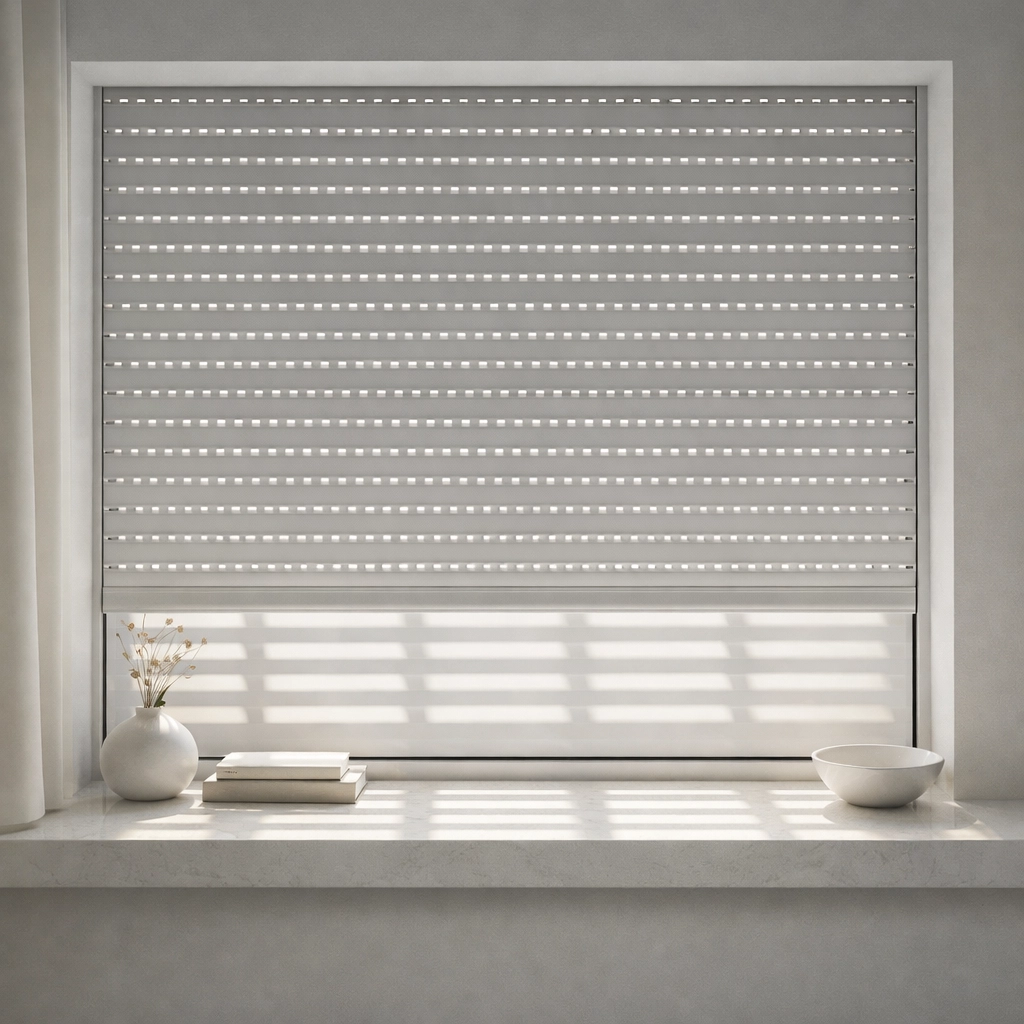 Innenansicht eines Fensters mit geschlossenen Rollläden und stimmungsvollen Lichtschlitzen.