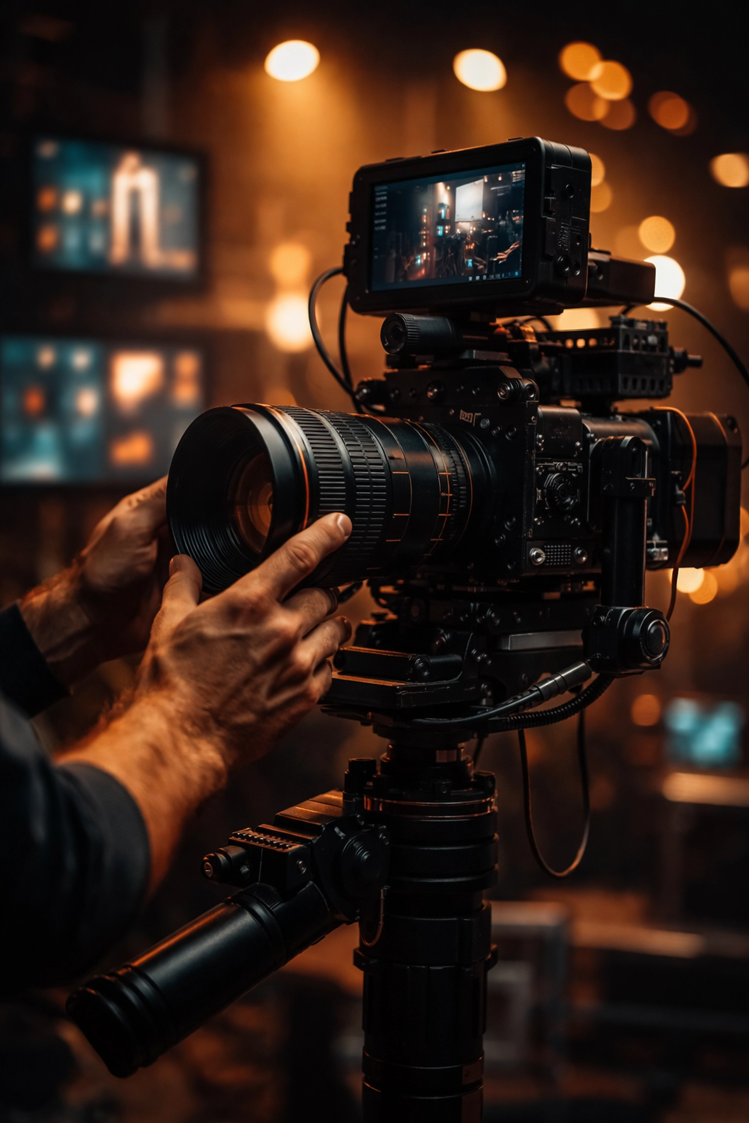 Close-up of cinematographer adjusting camera, highlighting video shoot flexibility for different platforms