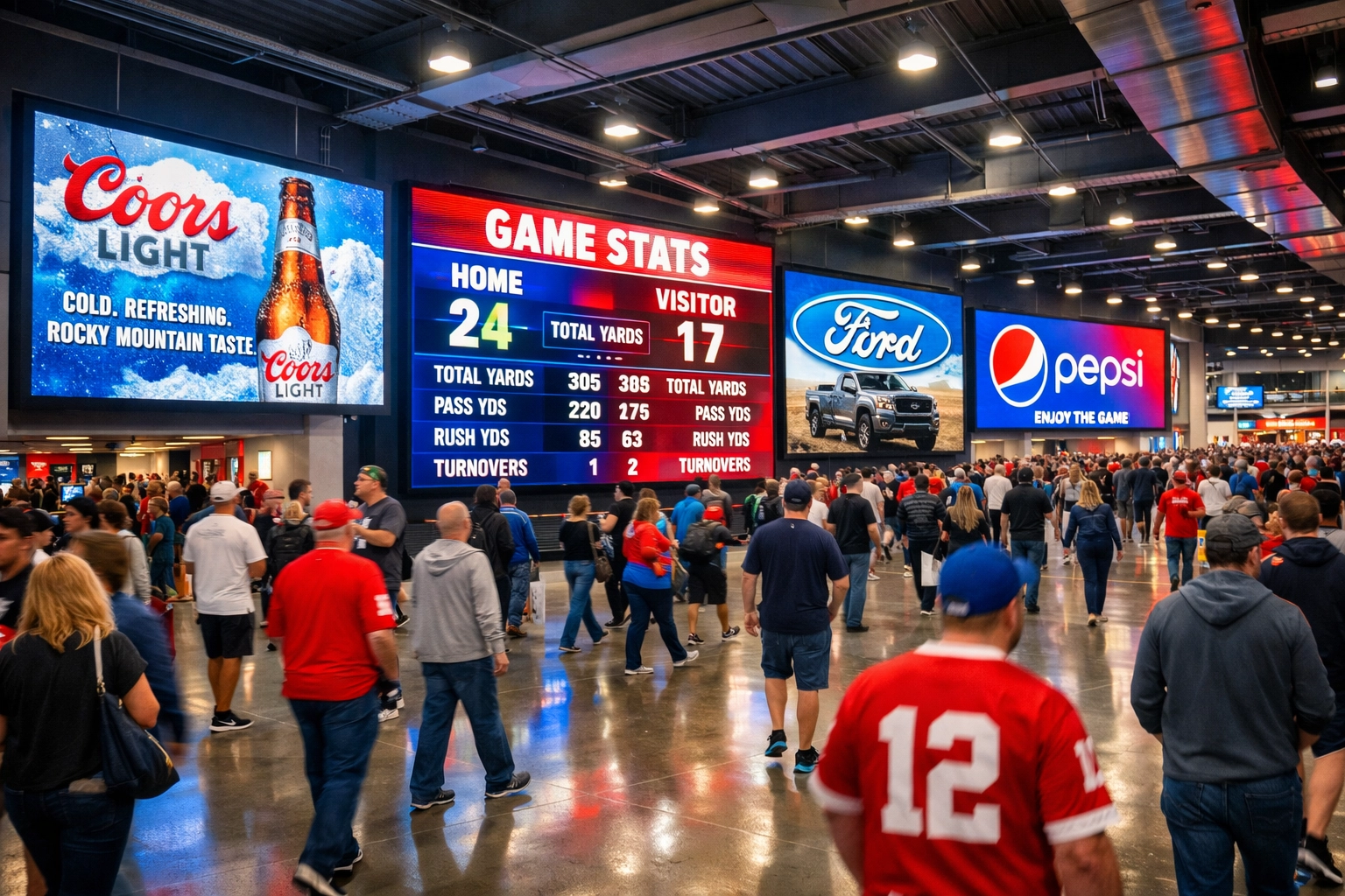 Digital signage displays in sports stadium concourse showing sponsor content and game statistics