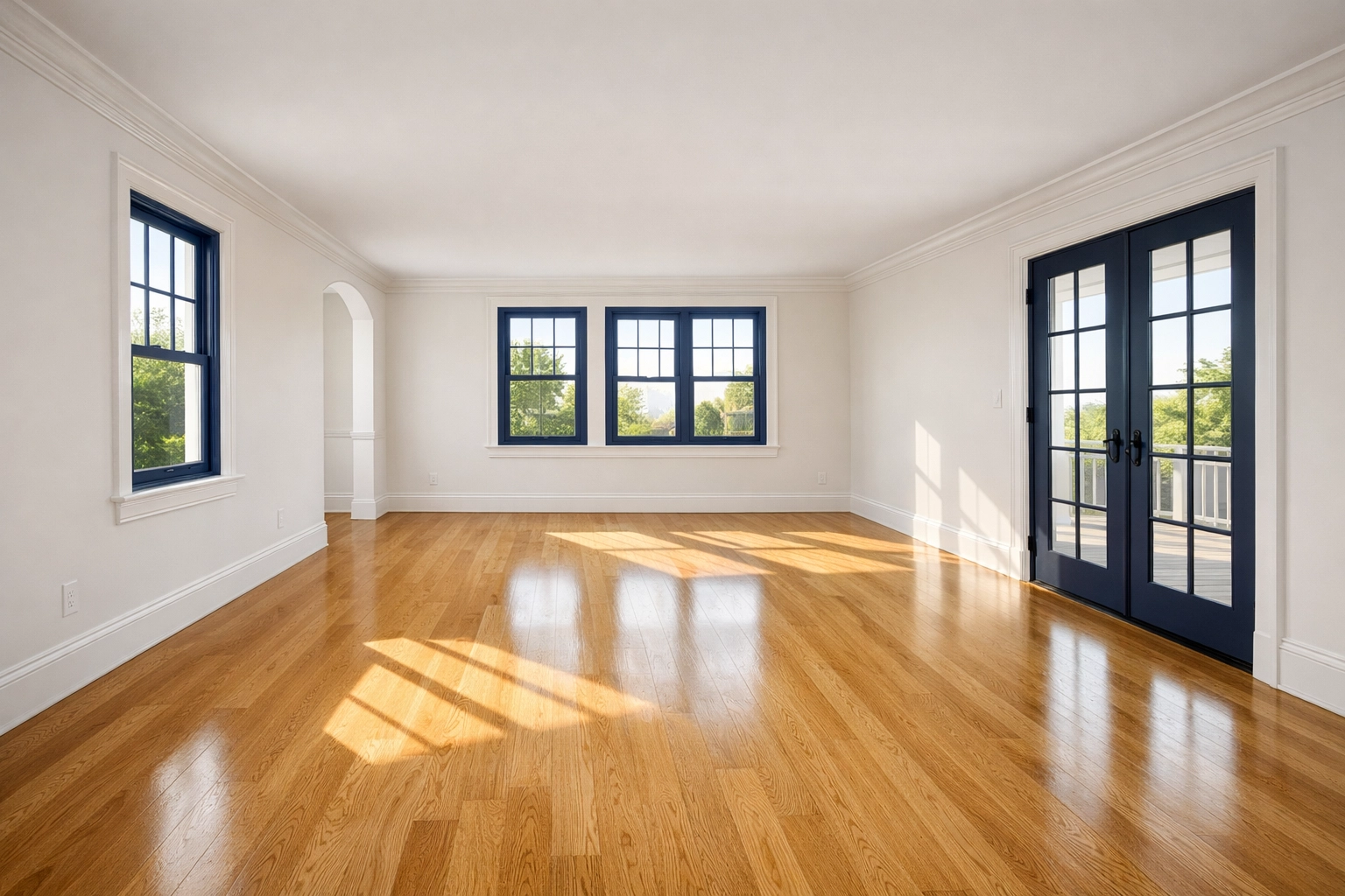 Pristine empty living room in Harwich, MA, after a professional move-in/move-out cleaning service.