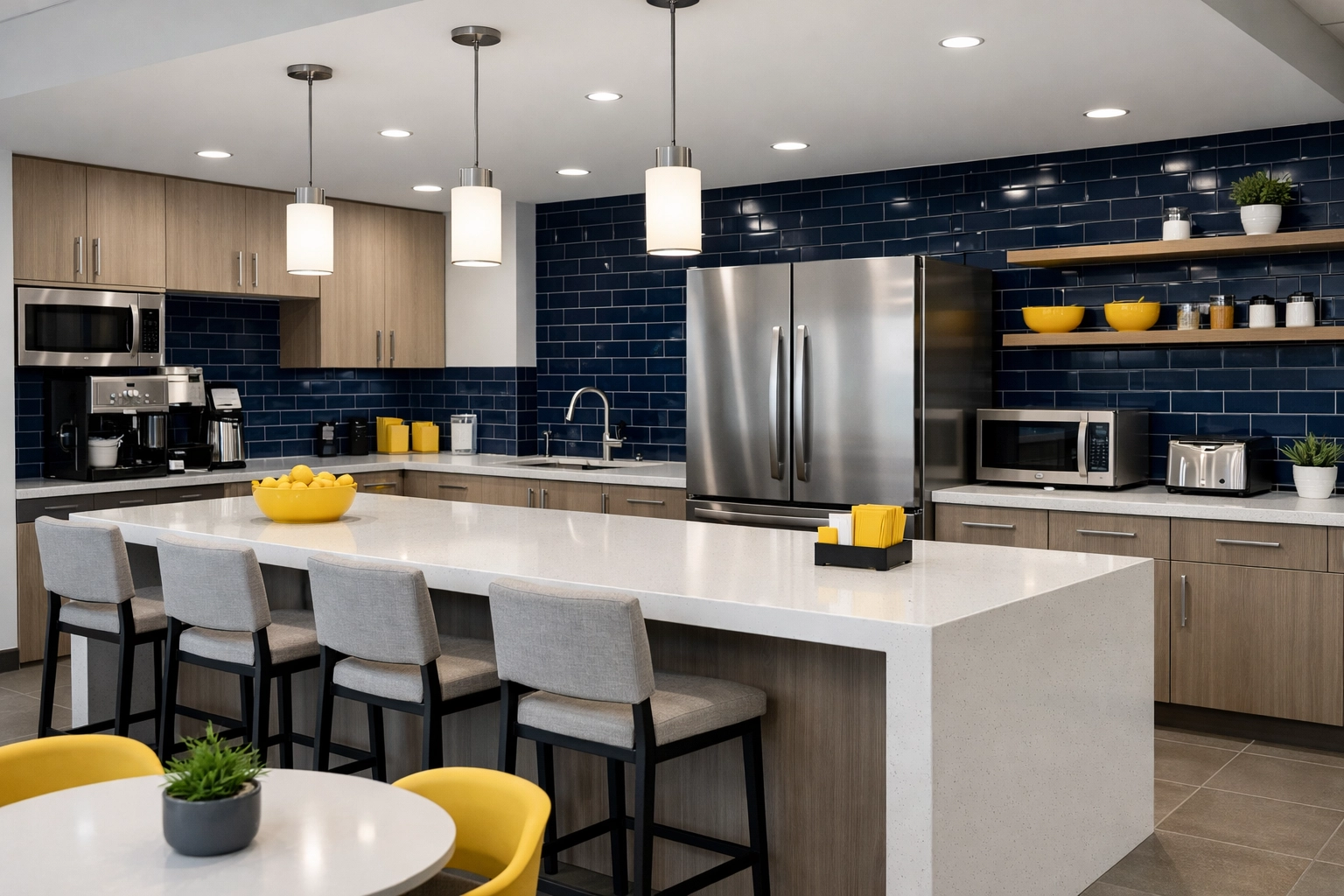 Pristine corporate breakroom with a clean quartz island and organized kitchen area for Marlborough offices.