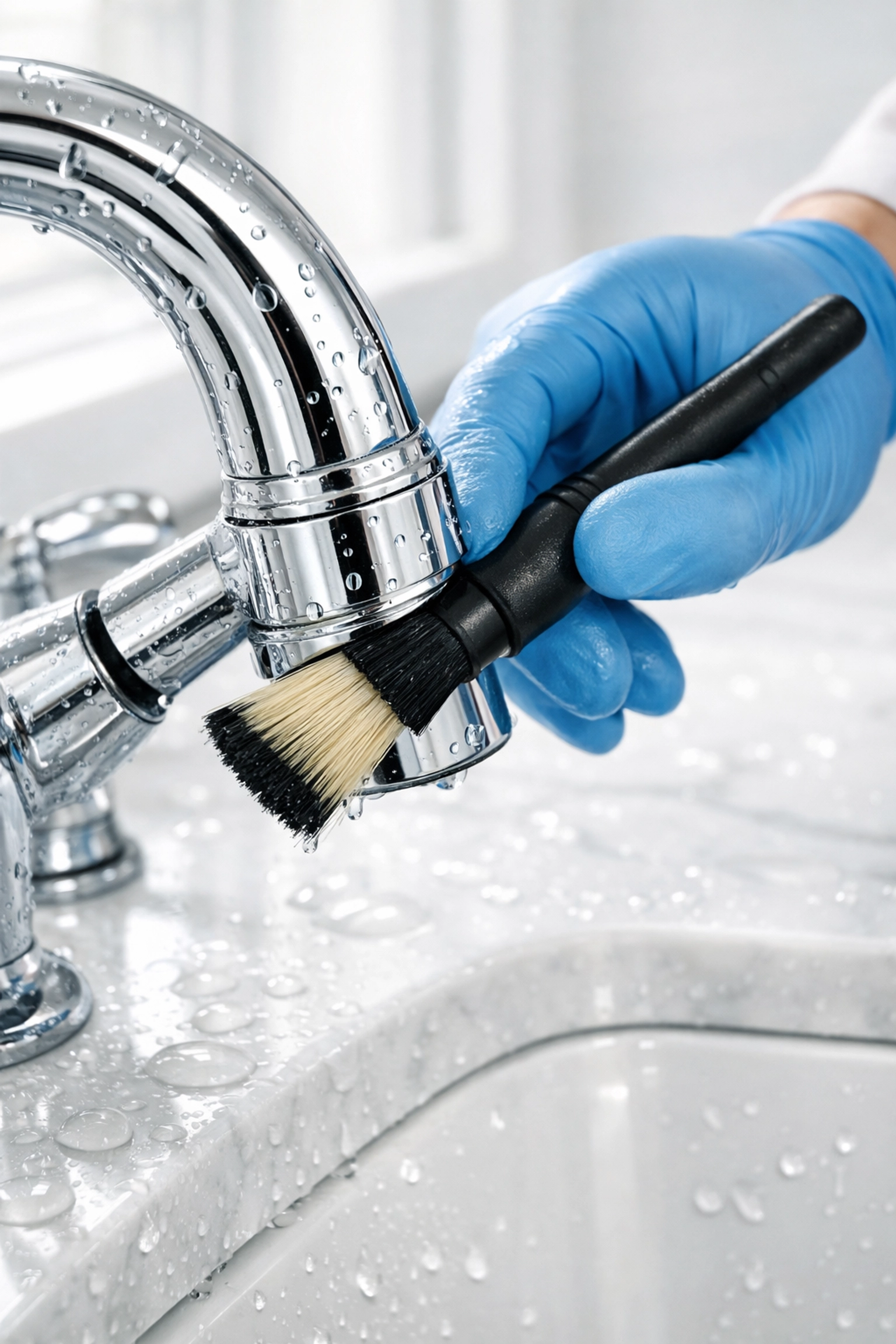 Professional kitchen deep cleaning detailing a chrome faucet and marble counters in Harvard.