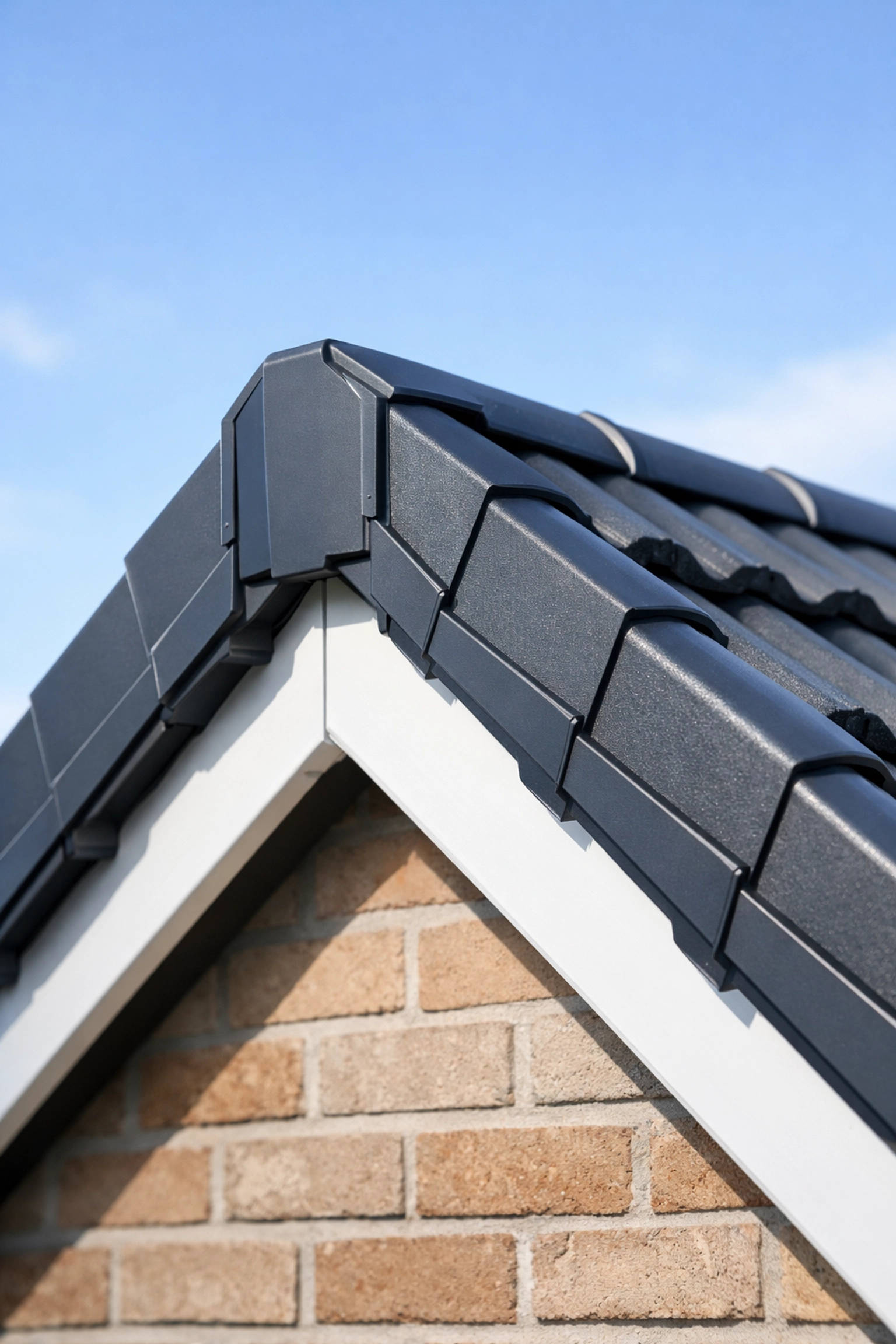Close-up of a charcoal grey dry verge system installed on a tiled roof edge for storm protection.