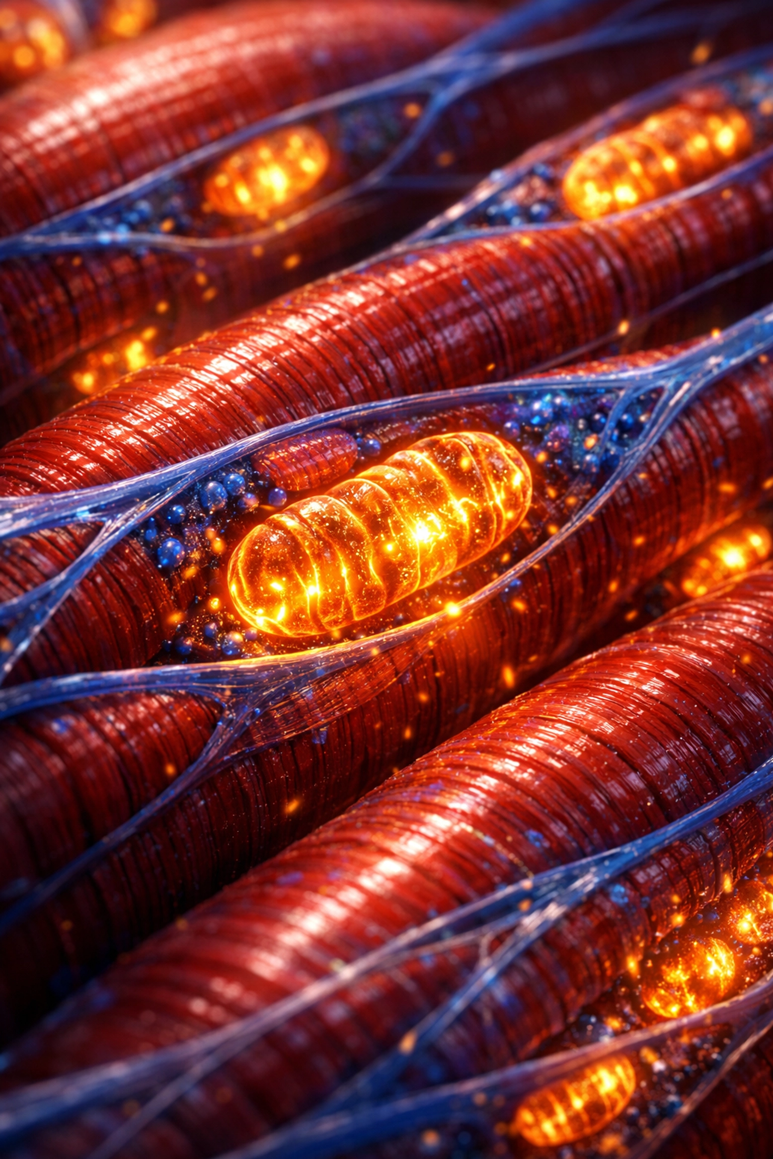 Close-up of muscle fibers and glowing mitochondria illustrating cellular energy and mitochondrial biogenesis.