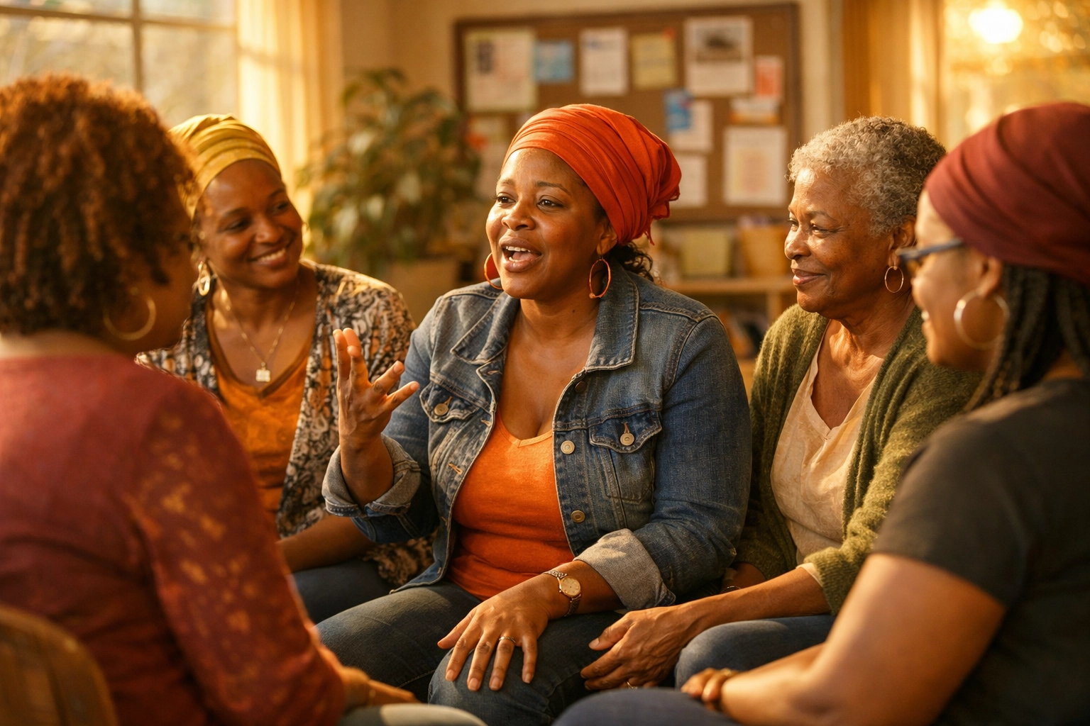 Group of Black women in a supportive circle promoting community leadership in South Jersey.
