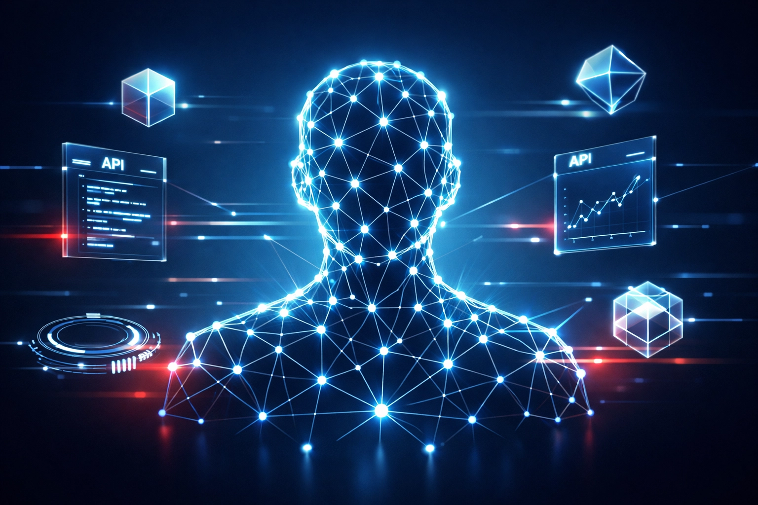 Autonomous AI agent architecture with interconnected data streams and API endpoints for enterprise platforms