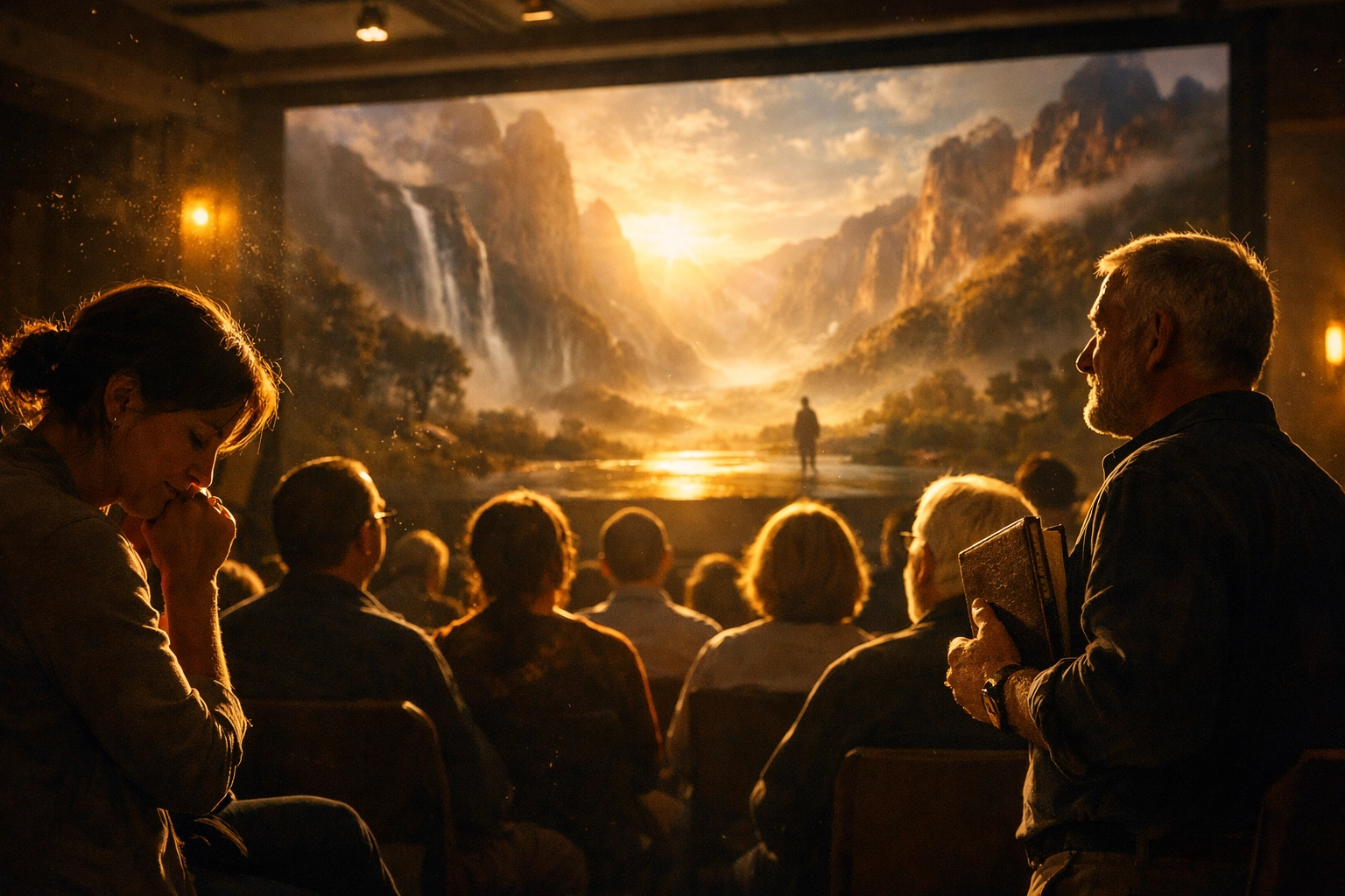 Diverse group watching a high-quality Christian film, showing the spiritual impact of faith-based media.