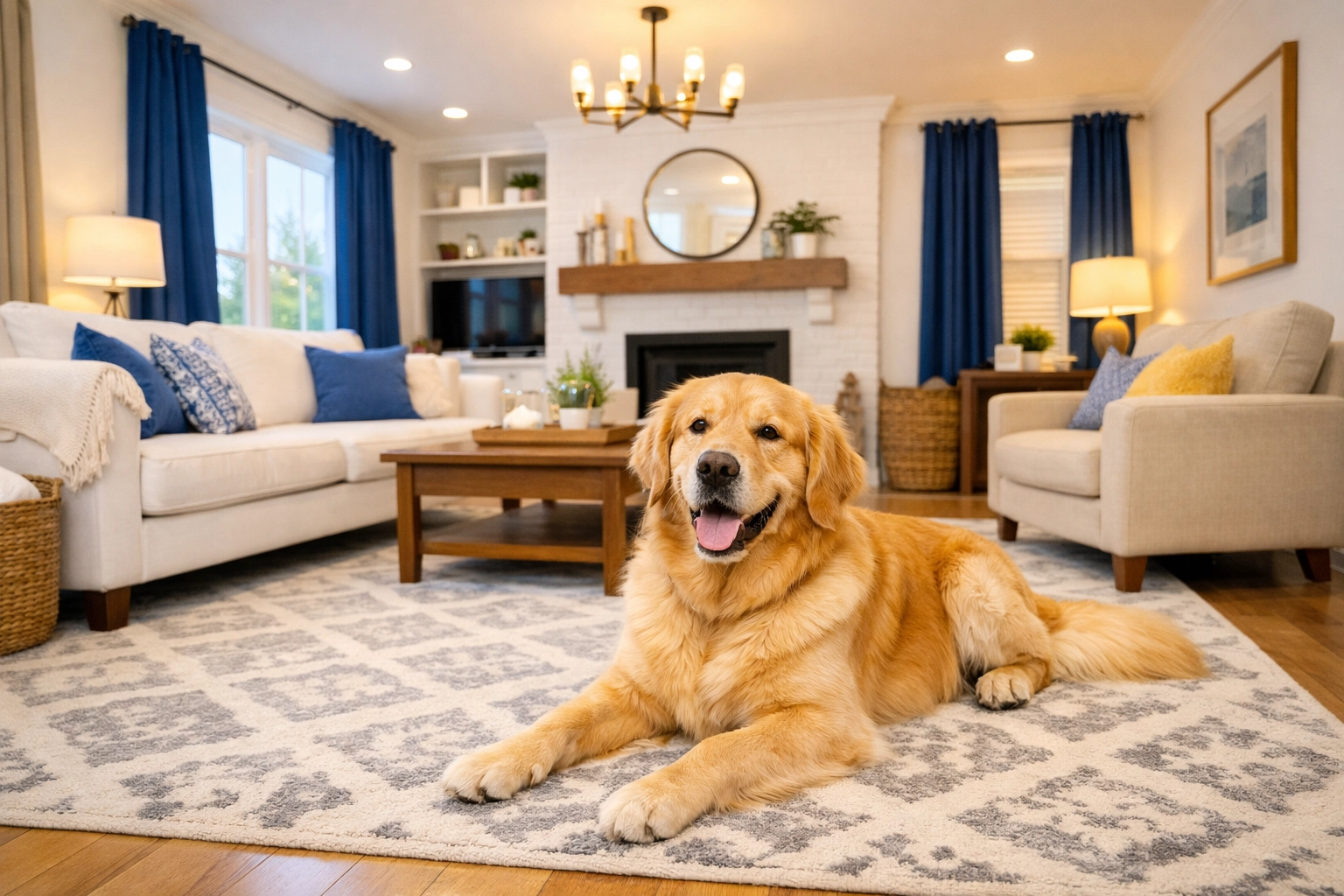 Dog on a spotless area rug in a Lancaster home using pet-friendly carpet cleaning services.