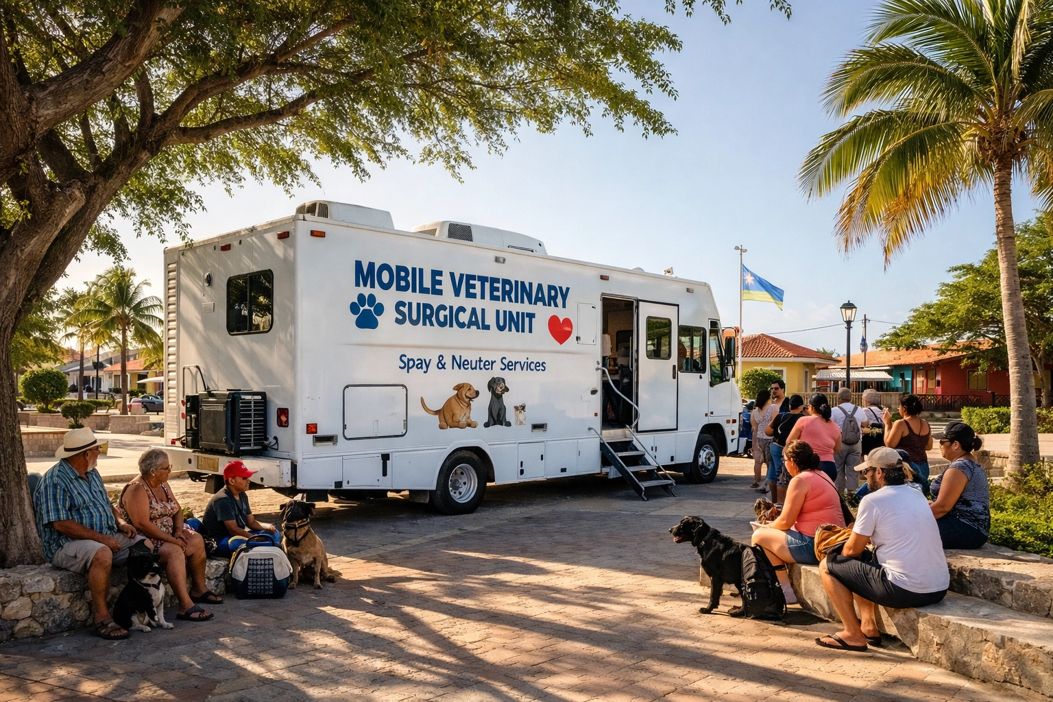 A mobile spay neuter clinic in an Aruba plaza providing accessible veterinary outreach.