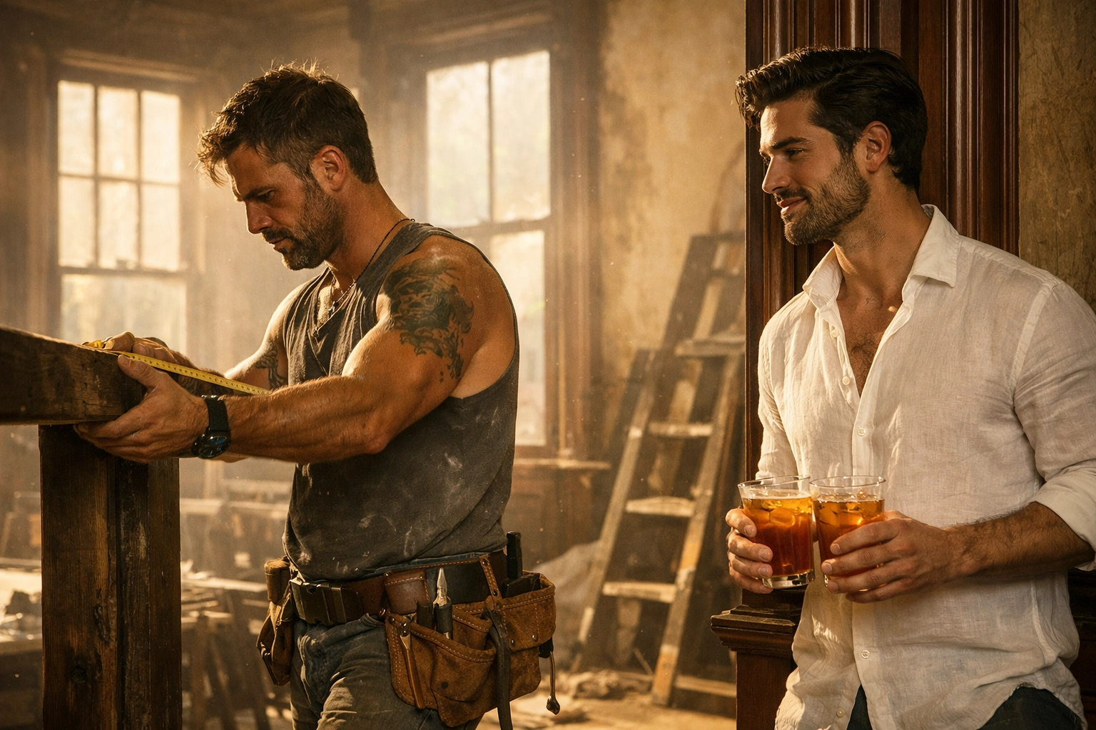 A rugged handyman and a stylish client sharing a moment in a sunlit renovation, illustrating MM romance tension.