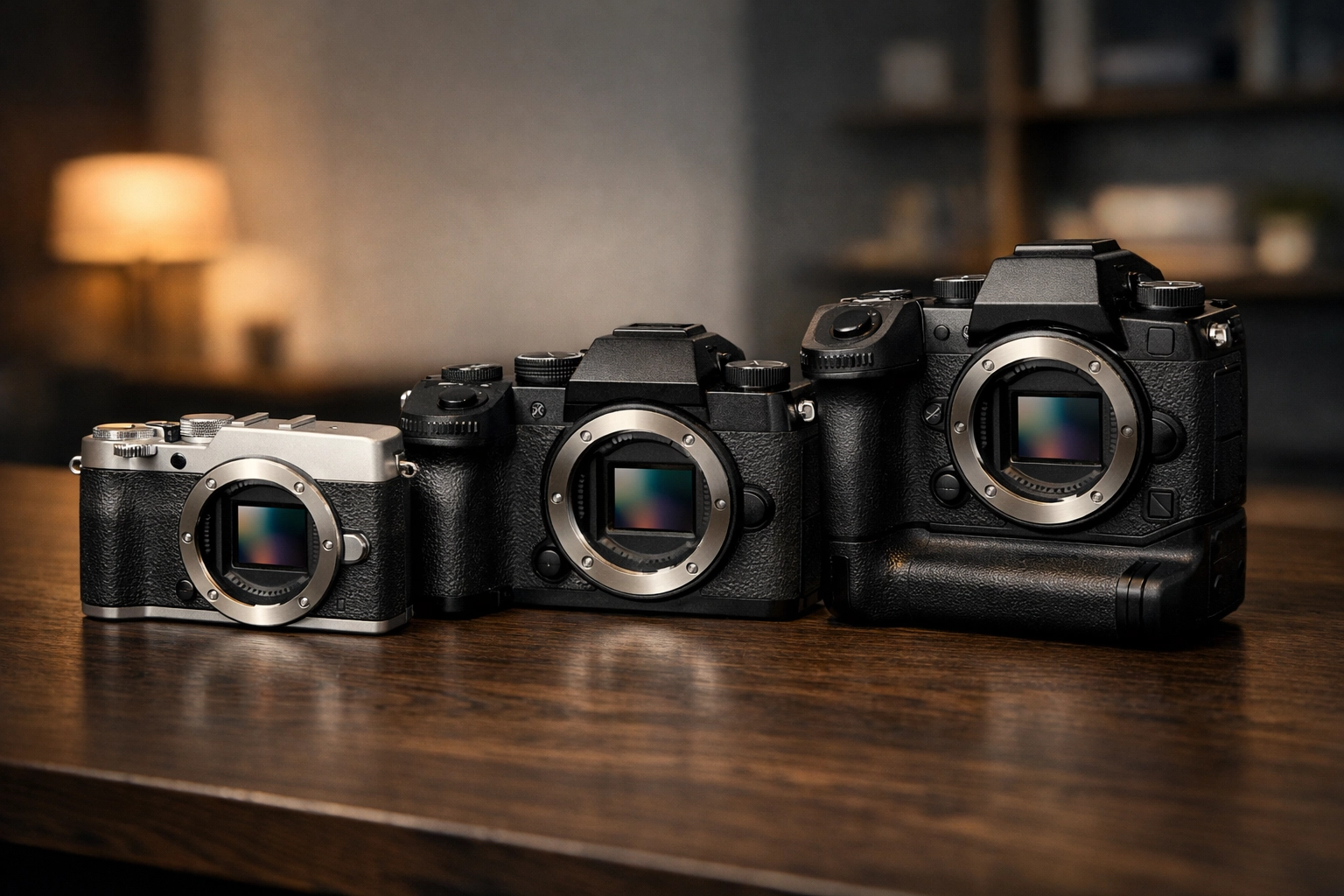 Comparison of different budget tiers for the best mirrorless camera on a minimalist desk.