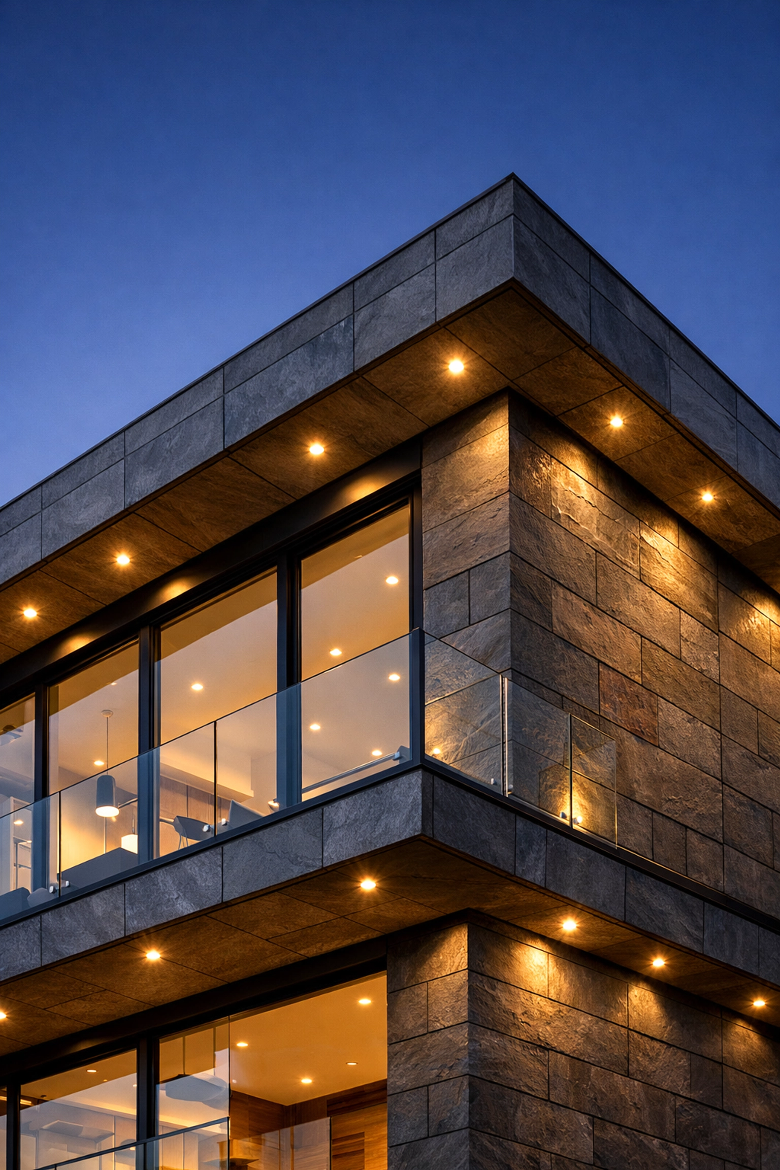 Modern luxury home facade featuring Golden Sunset dark grey Flexible Natural Stone wall cladding at twilight.