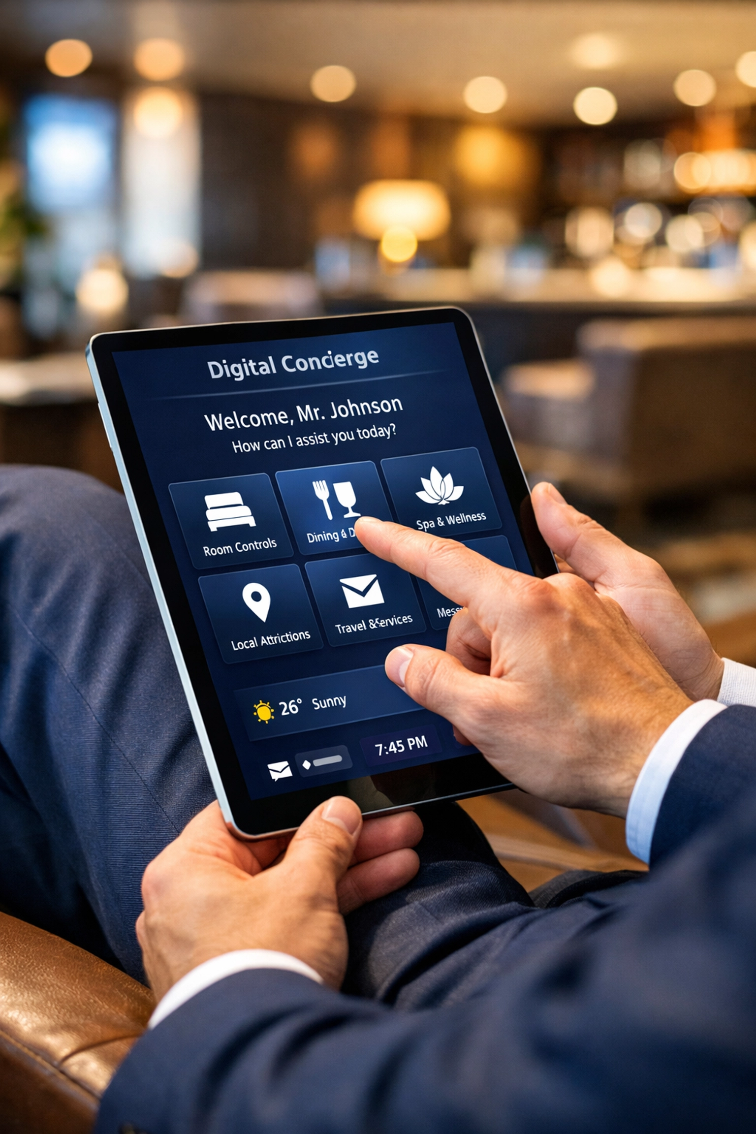 Boost Your Brand Visibility Instantly with These 5 Super Bowl Hospitality Strategies Executive using digital concierge app for personalized Super Bowl hospitality experience