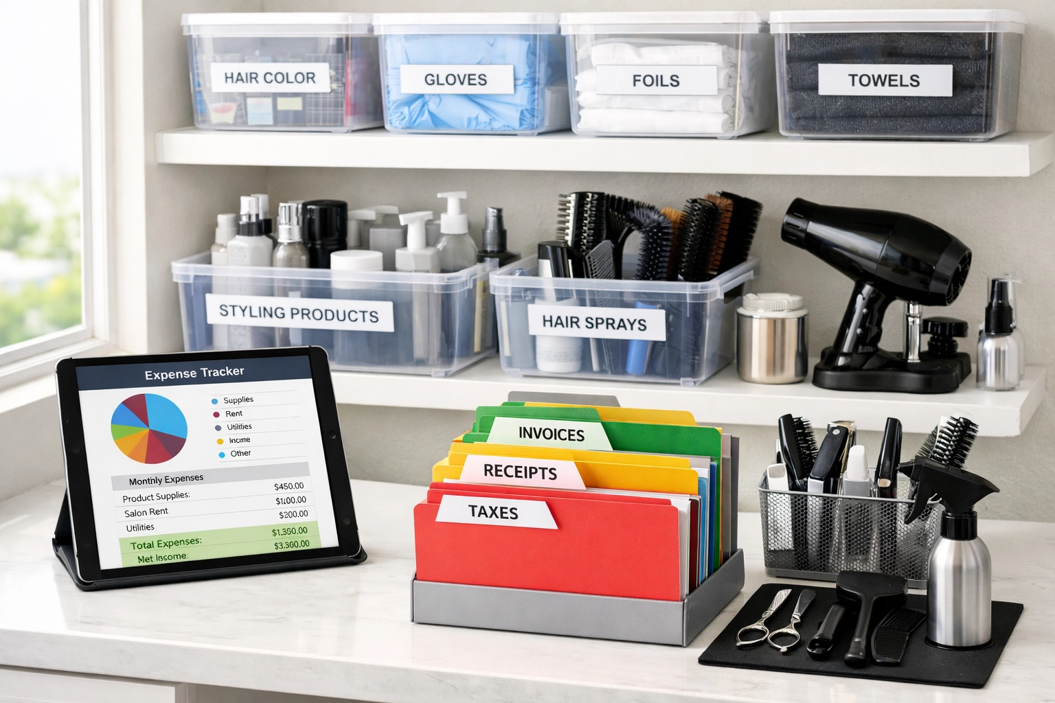 Organized expense tracking system for hair salon with digital software and supplies