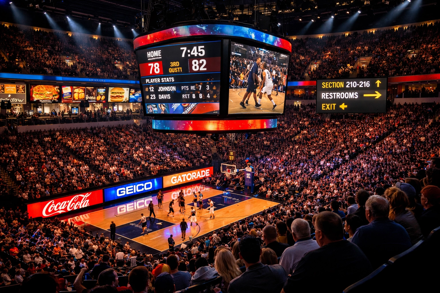 Sports arena showcasing LED advertising boards, scoreboards, and digital menu displays