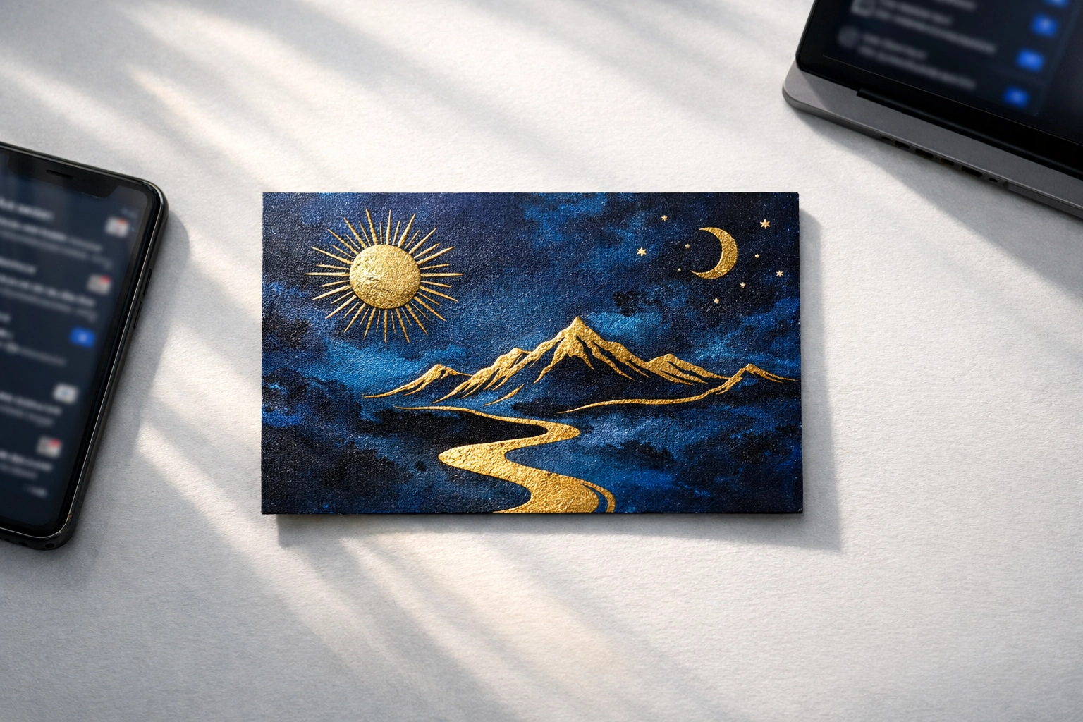 Premium embossed postcard on a modern desk showing the tactile impact of direct mail in a digital marketing strategy.