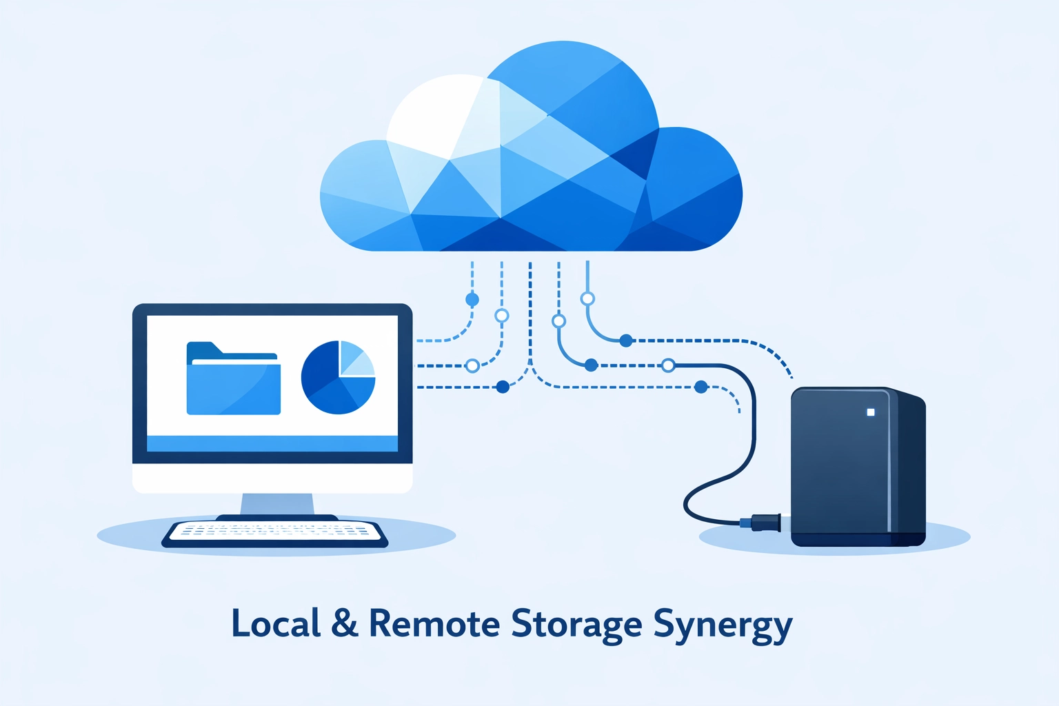 Illustration of a hybrid data backup strategy linking local devices to secure cloud storage