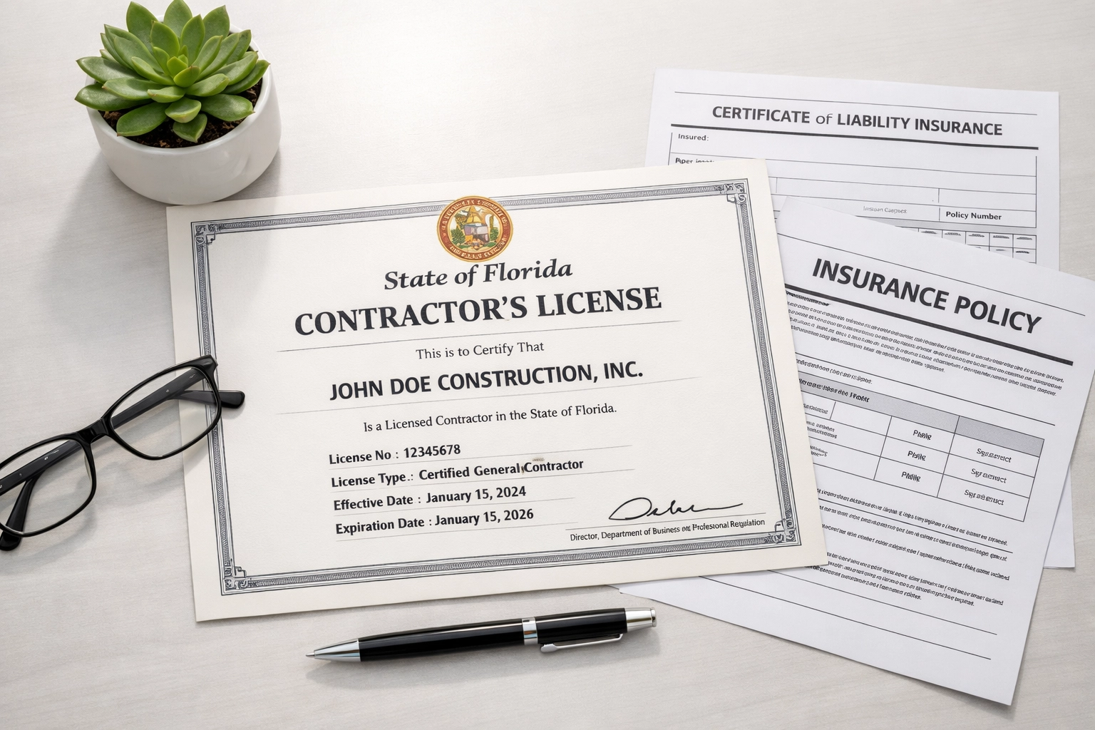 Florida contractor license and insurance documents for verified Orlando remodeling company