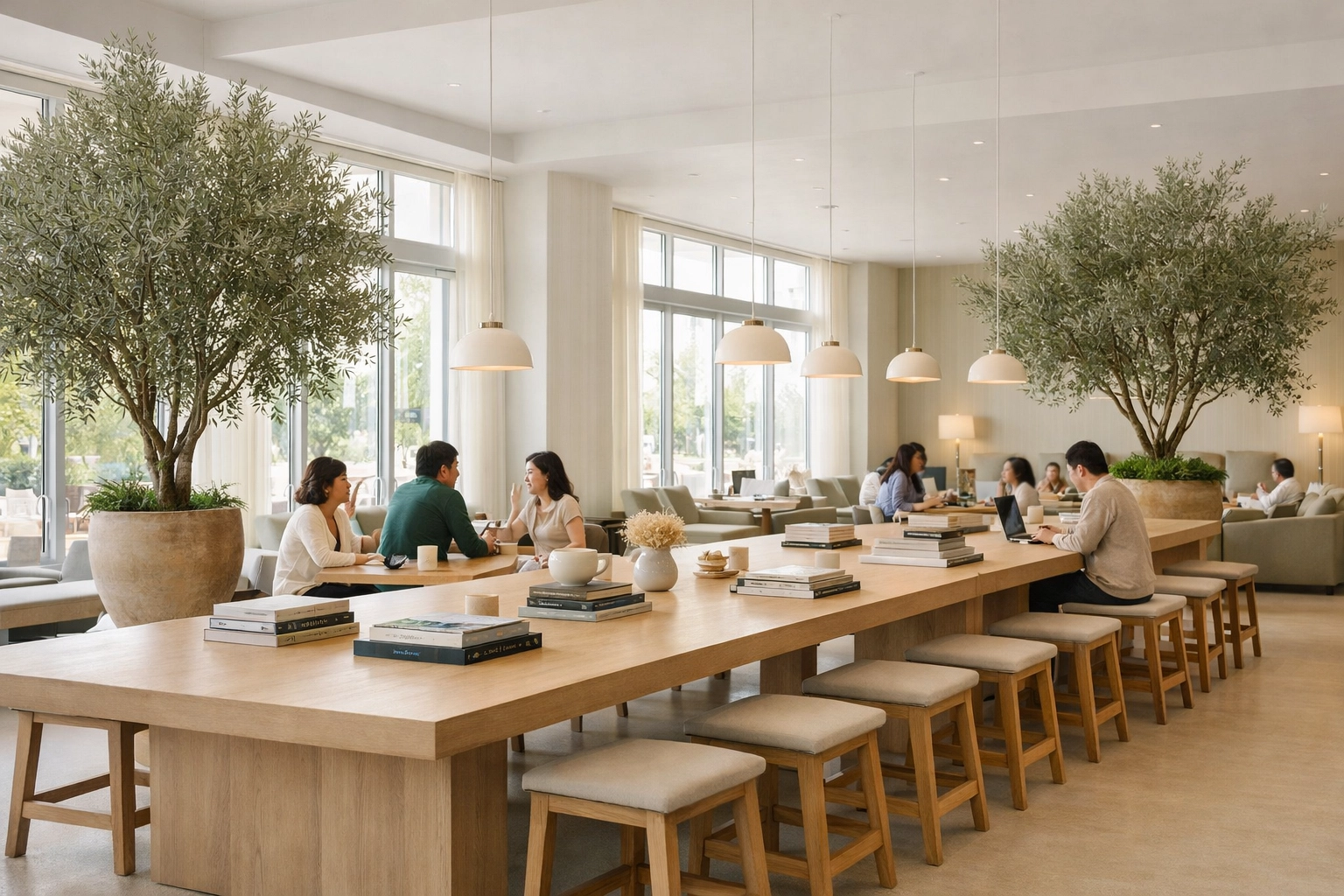 Modern hotel lobby with a communal table and plants, showcasing a community-focused social hub for guests.