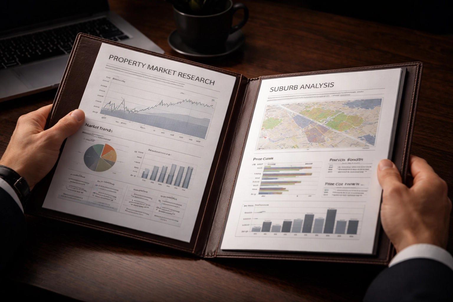 Hands review property market research and suburb charts, representing strategic analysis for Brisbane buyers agents.