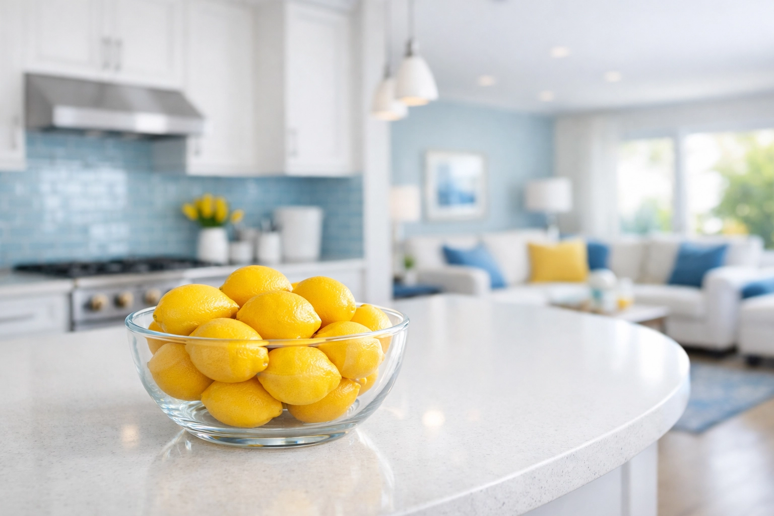 Professional house cleaning Townsend MA of a modern kitchen with clean white cabinetry and a quartz island.