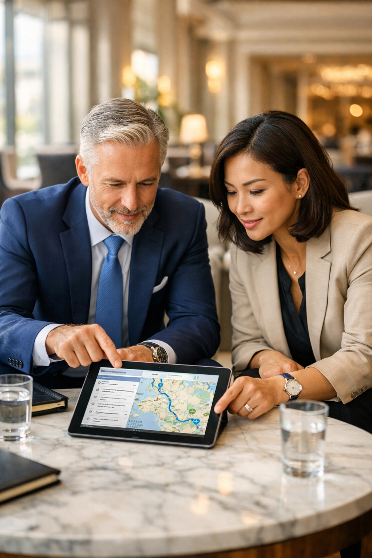 PRESS RELEASE: The Ultimate Guide to Super Bowl Corporate Hospitality: Everything You Need to Succeed Executives reviewing travel logistics and event itineraries in a luxury hotel lobby.