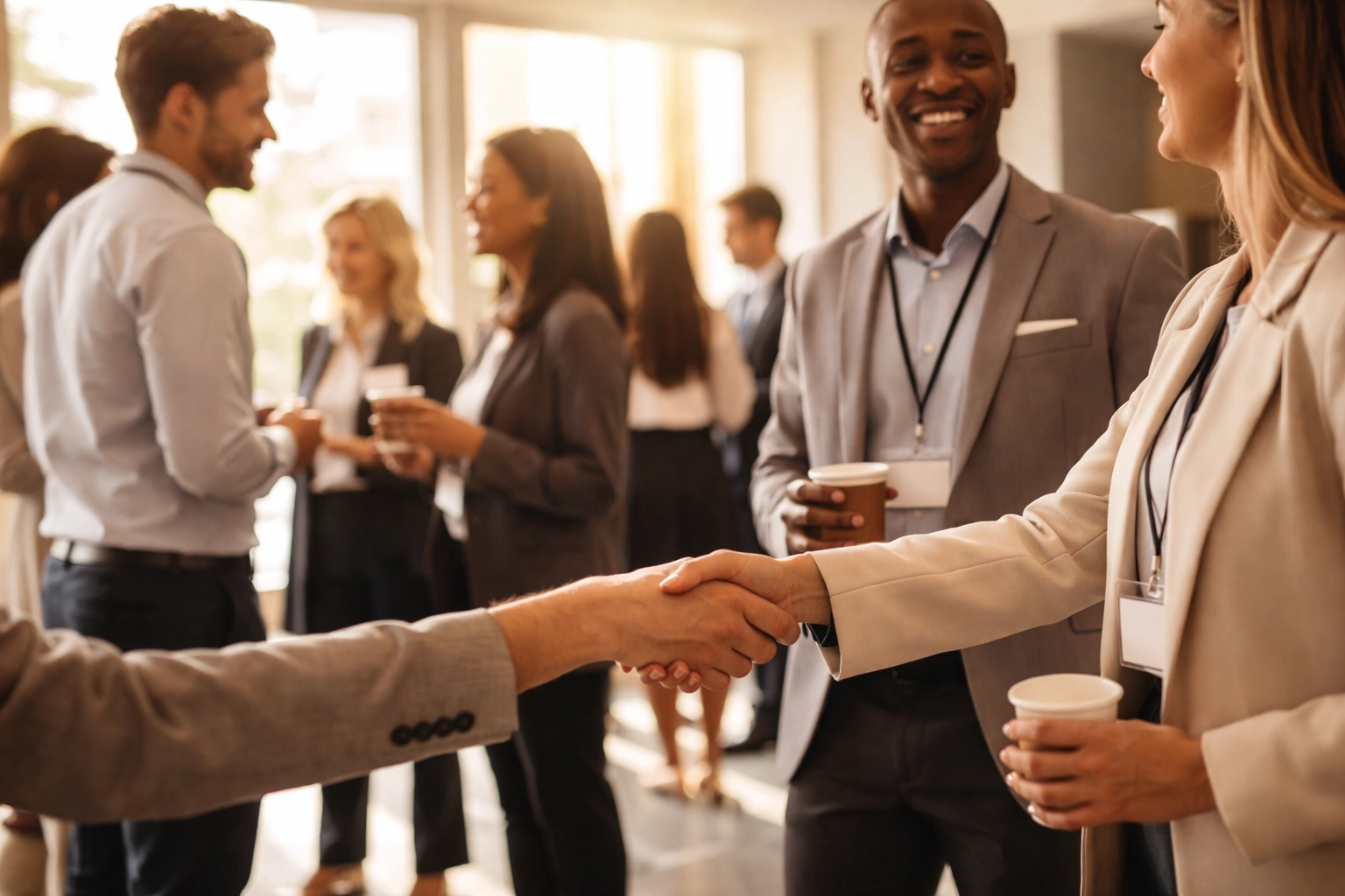 Business professionals shaking hands at a networking event, building local business visibility and connections