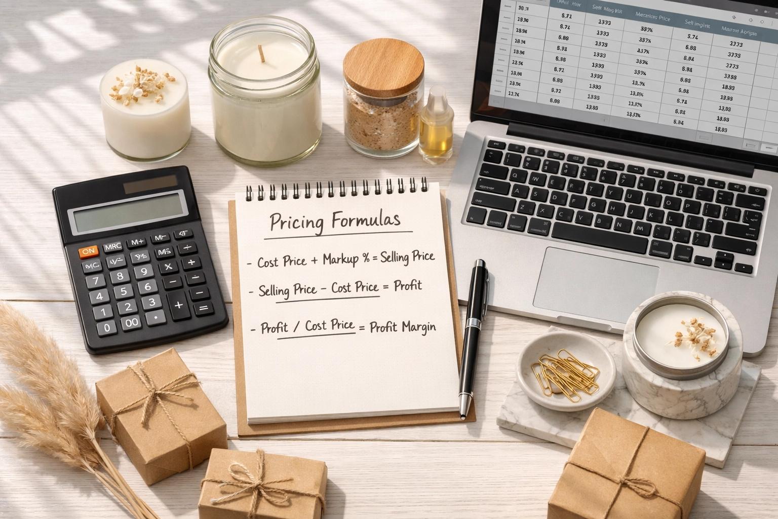 Calculator and notepad showing wholesale pricing formulas on desk