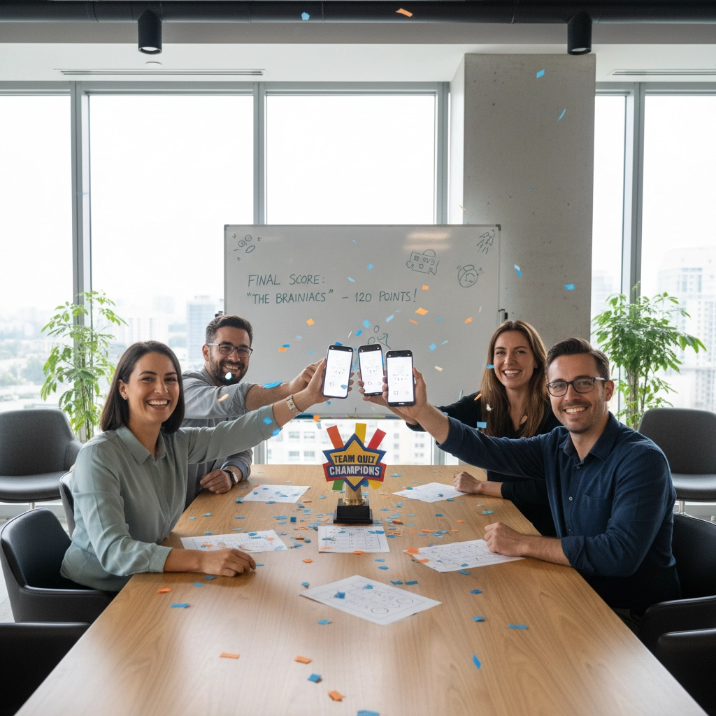 Group of people round an office table smiling because they've completed an interactive quiz on their smart phone